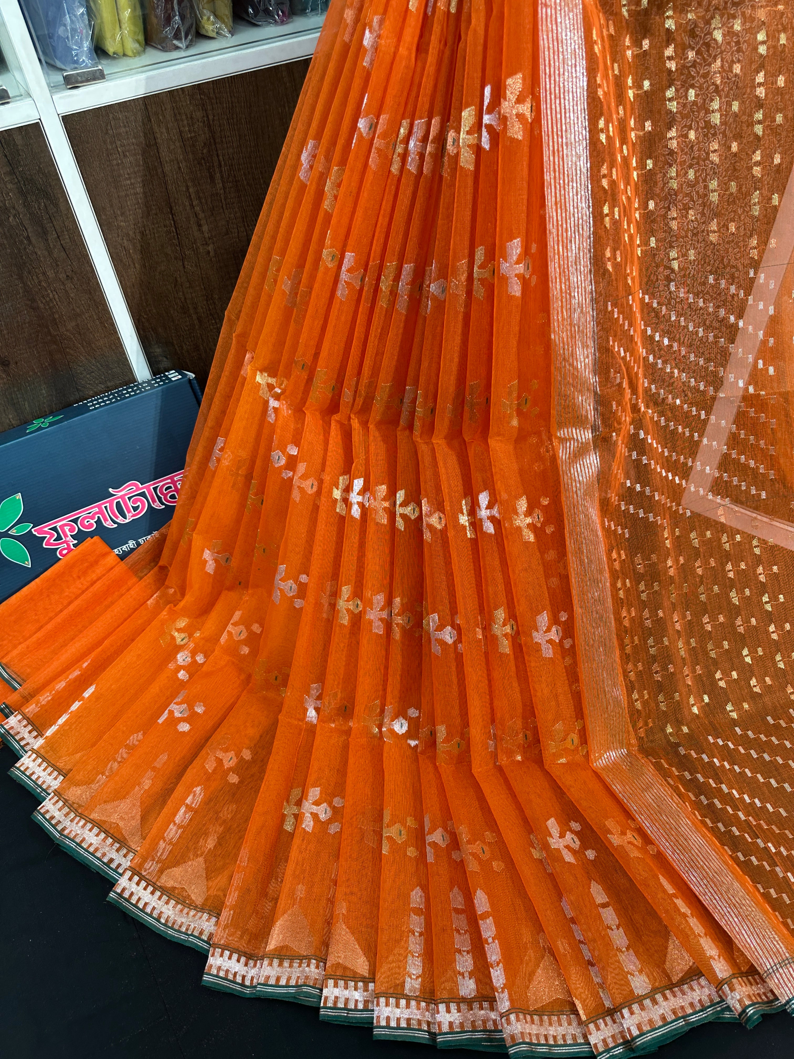 Fanta orange halfsilk jamdani saree with golden silver & copper jori work