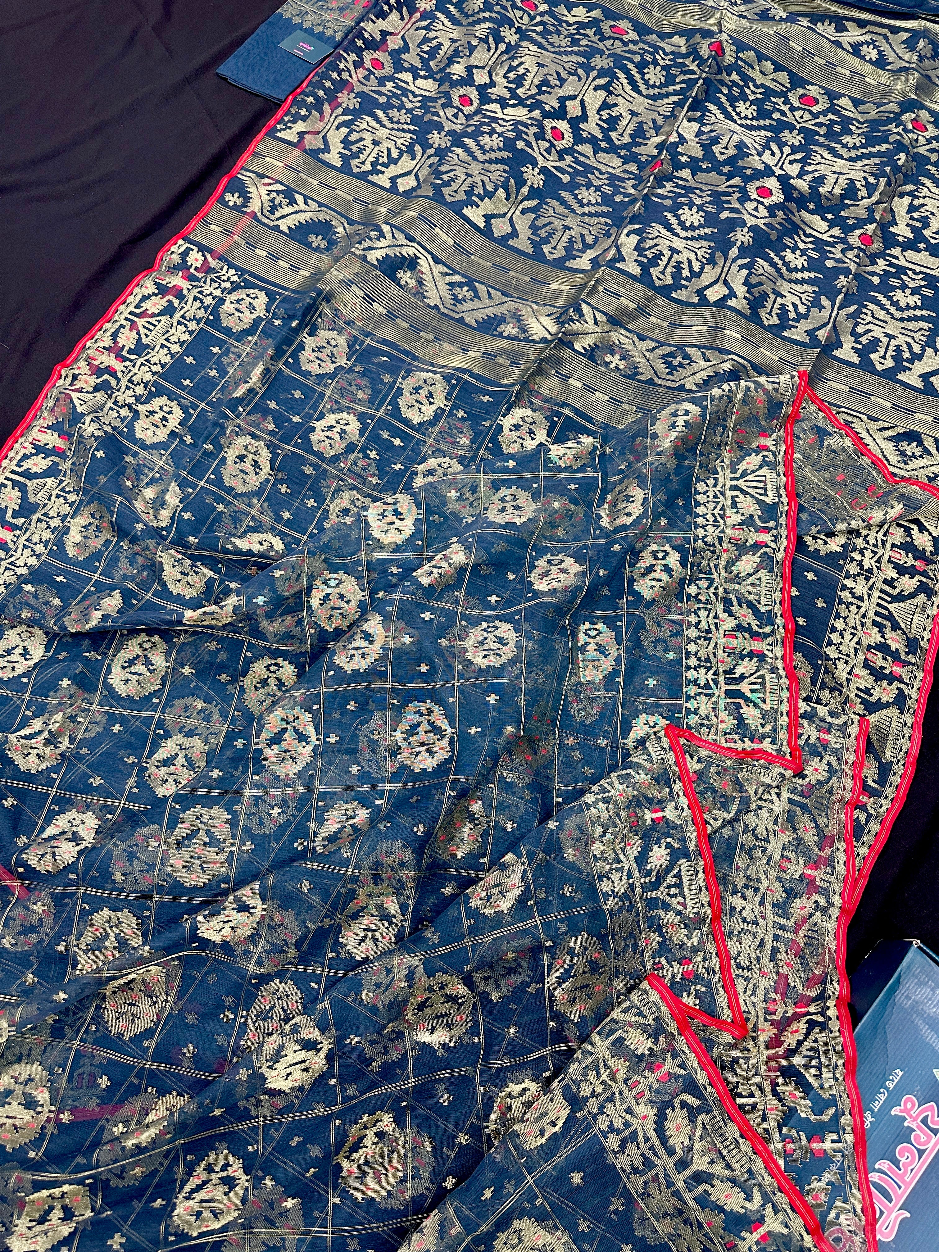 Blueish exclusive jamdani saree with golden jori work and red paar