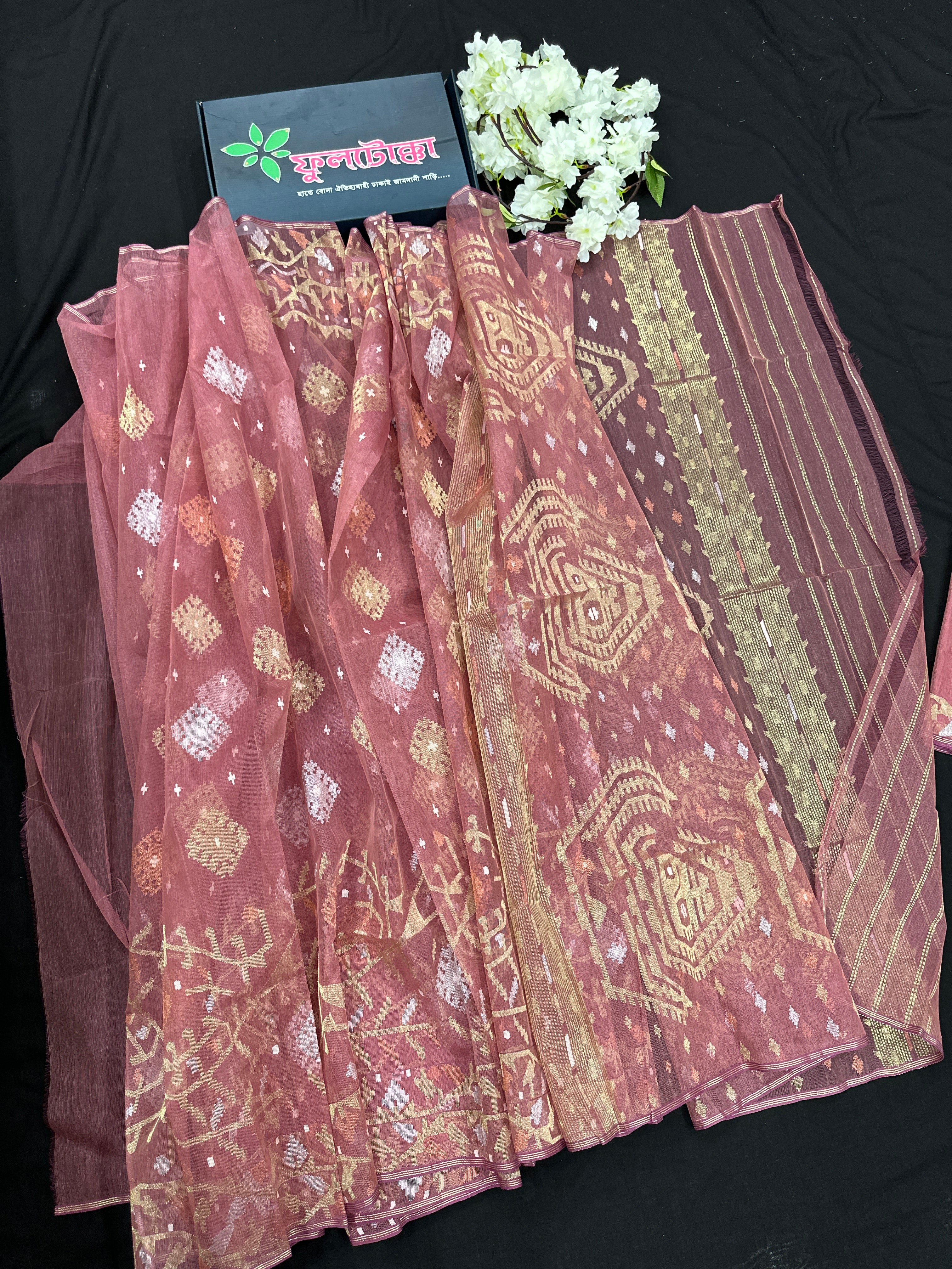 Nude Onion Exclusive Dhakai Jamdani saree with golden silver & copper jori work.