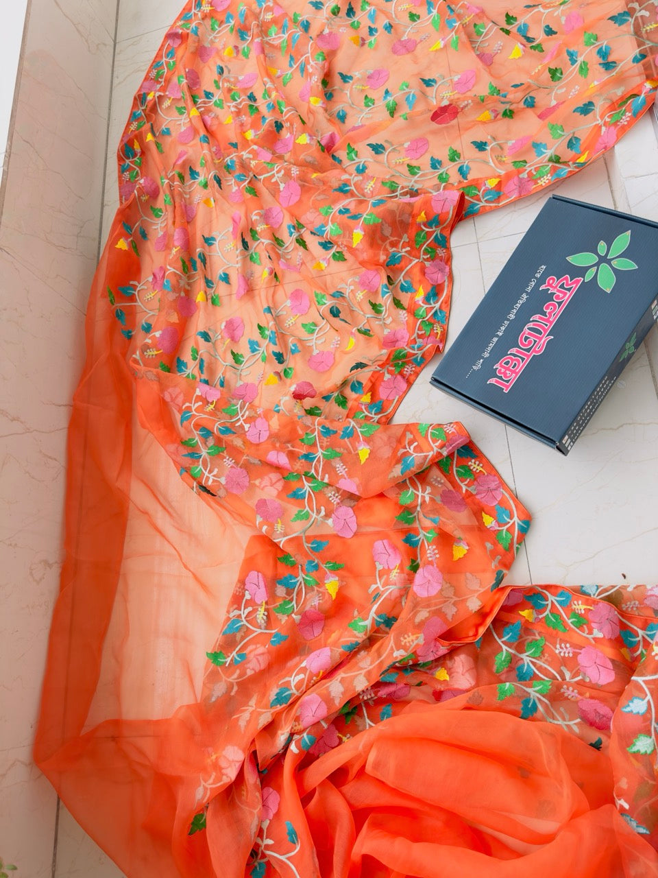 Orange Muslin Saree With Tantuj Work