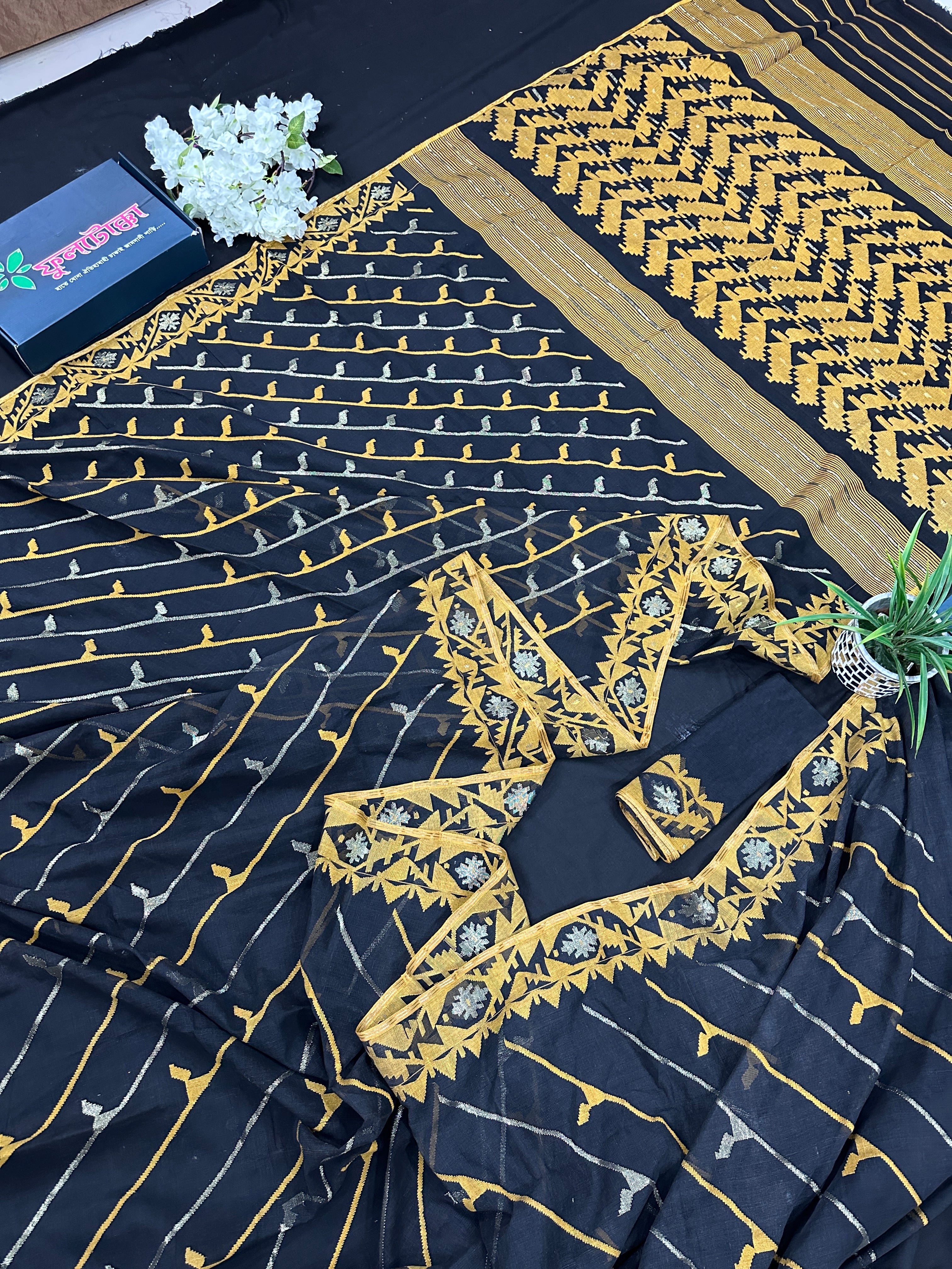 Black cotton jamdani saree with yellow threads work and Silver jori work & blouse piece.