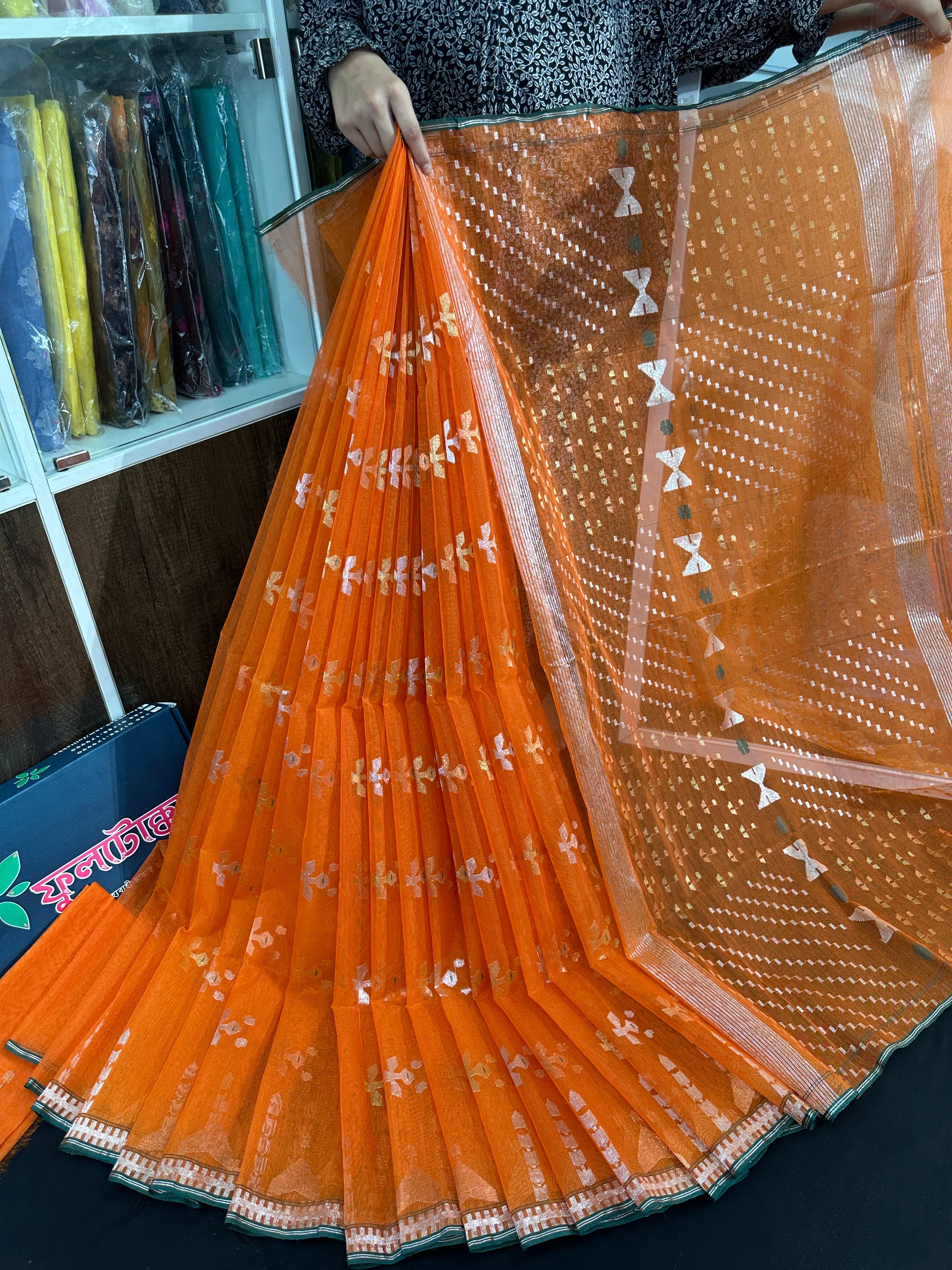 Fanta orange halfsilk jamdani saree with golden silver & copper jori work