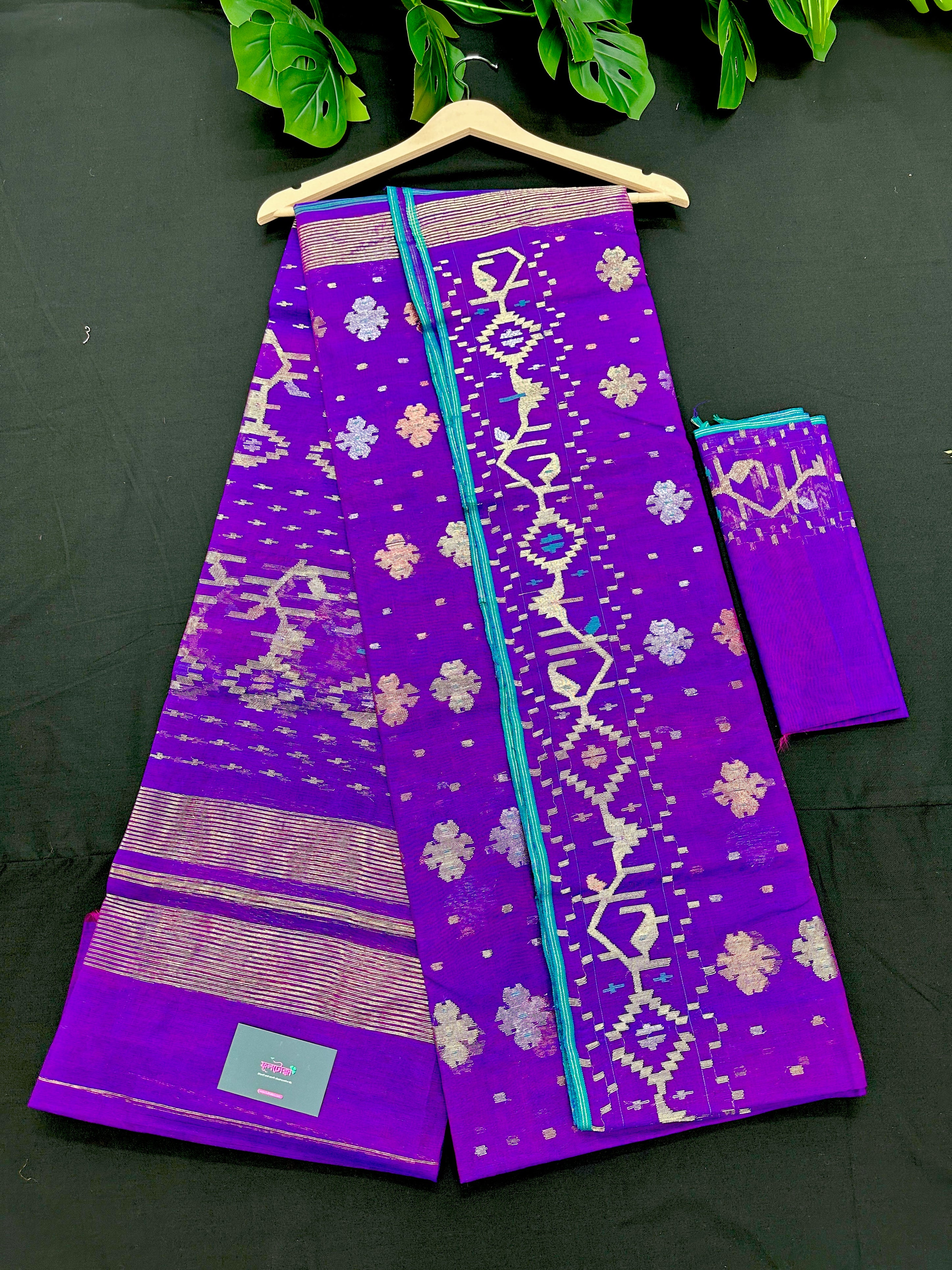 Purple dual toned halfsilk jamdani saree with golden silver & copper jori work and blue border