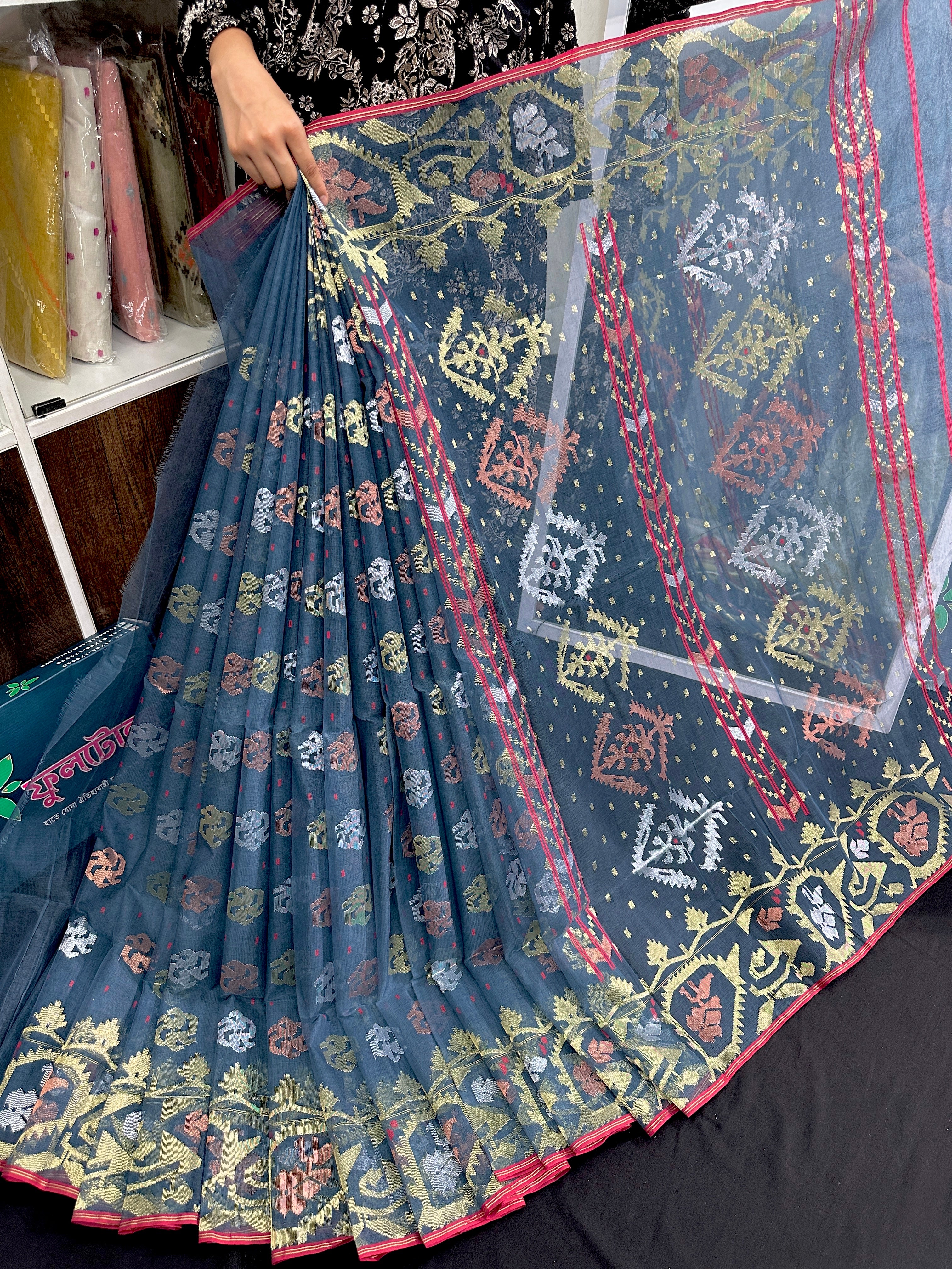 Surma Ash halfsilk jamdani saree with golden silver copper jori work and red border