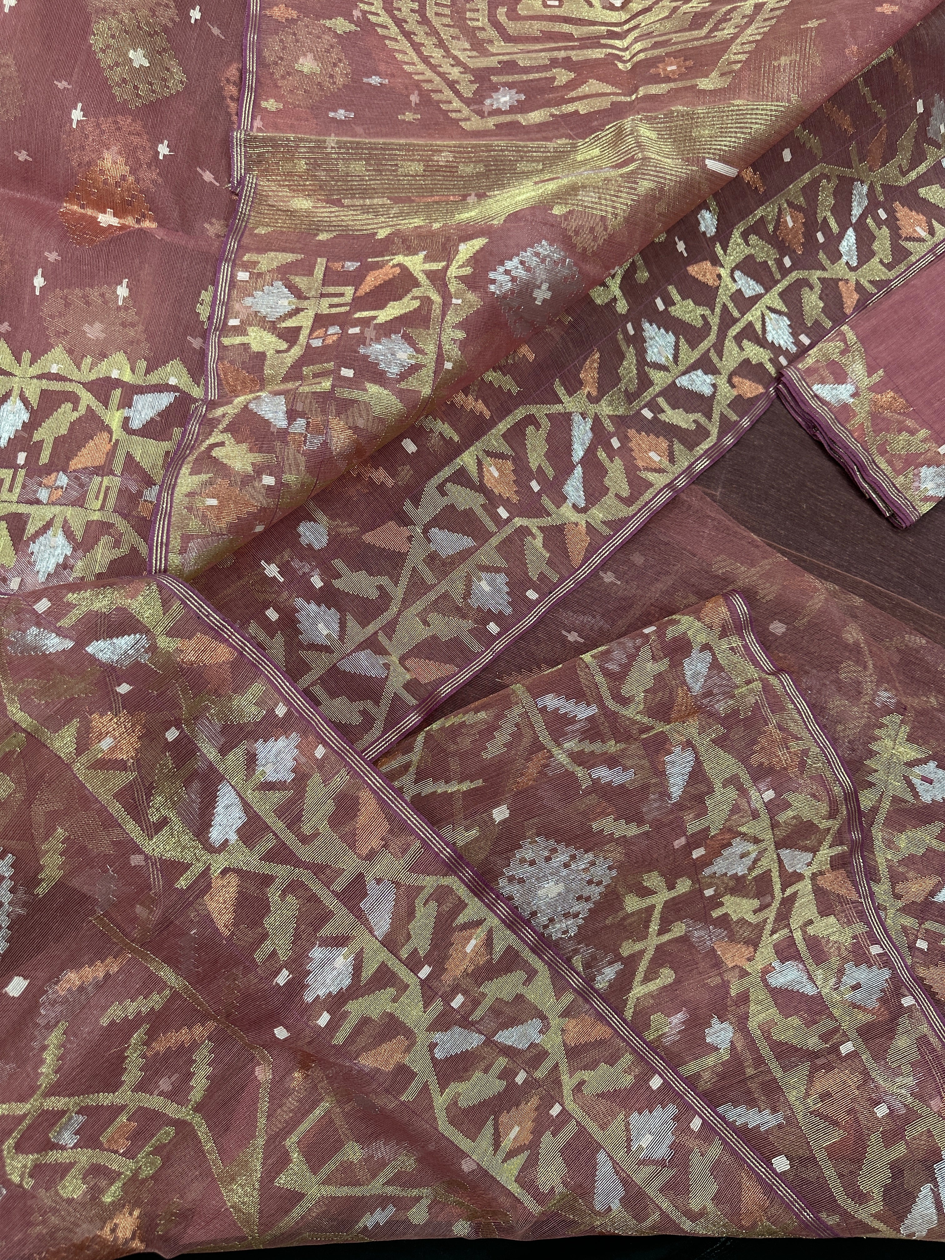 Nude Onion Exclusive Dhakai Jamdani saree with golden silver & copper jori work.