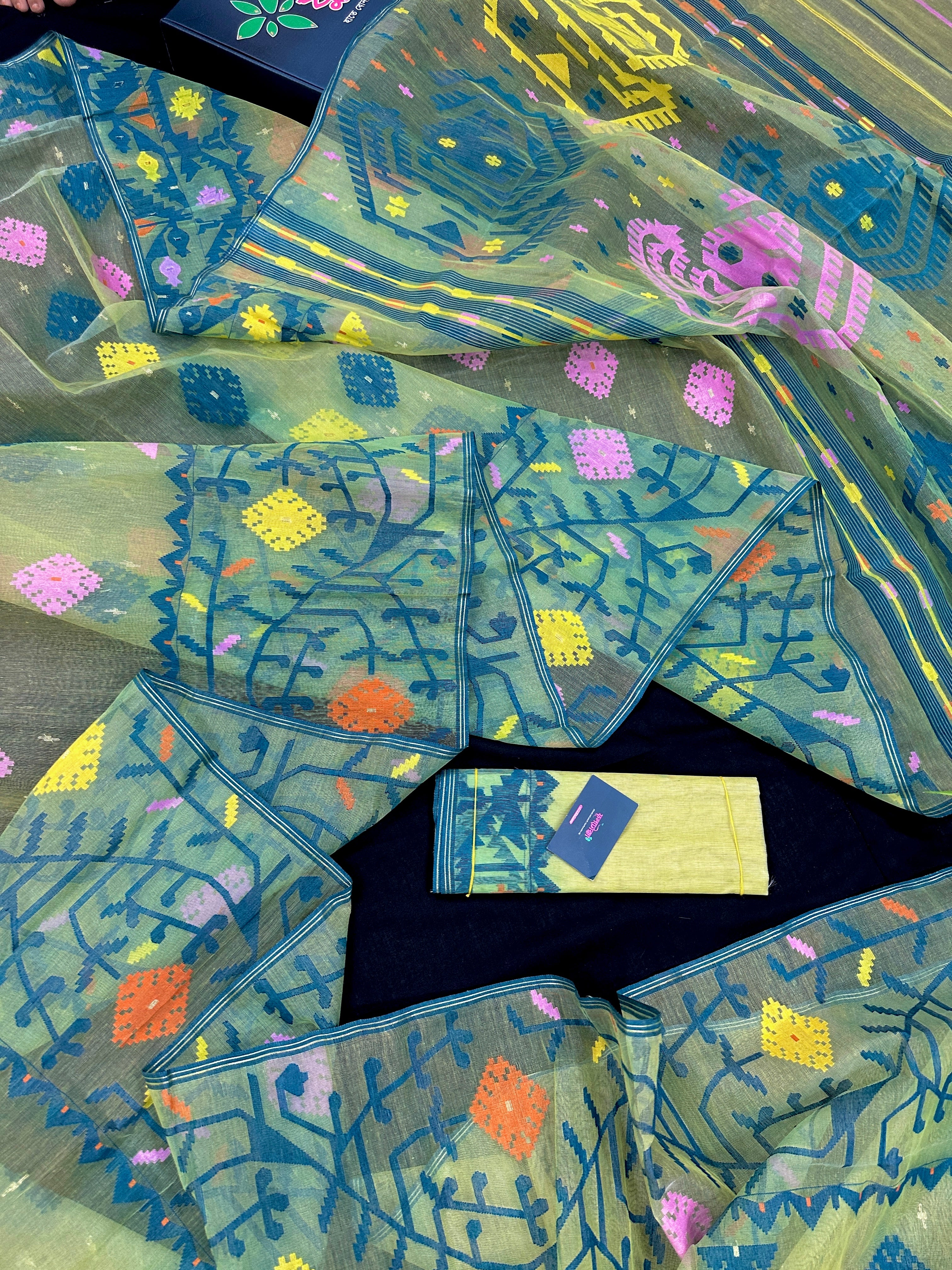 Yellow Exclusive dhakai jamdani saree with all over multi colour threads & flower work soft count.