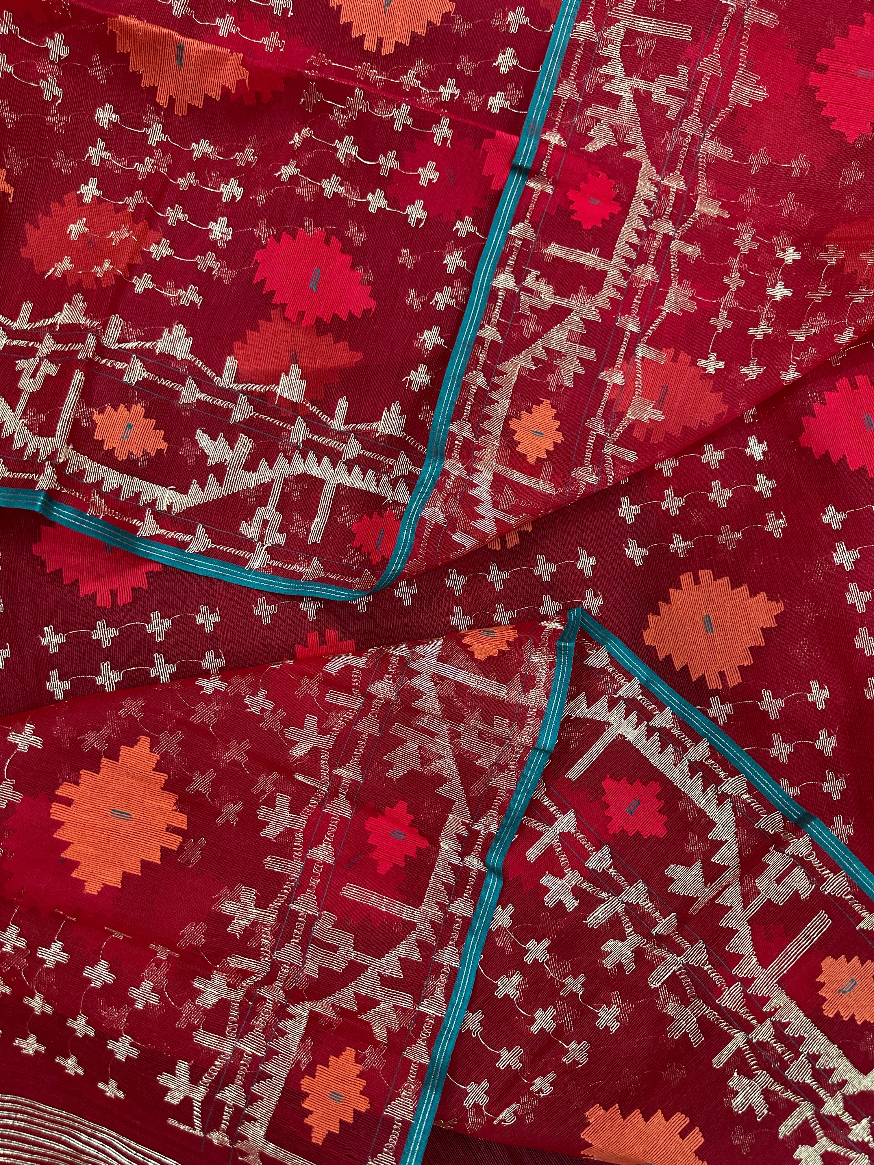 Bridal Red Halfsilk Jamdani Saree With Golden Jori Work & Red Threads work.