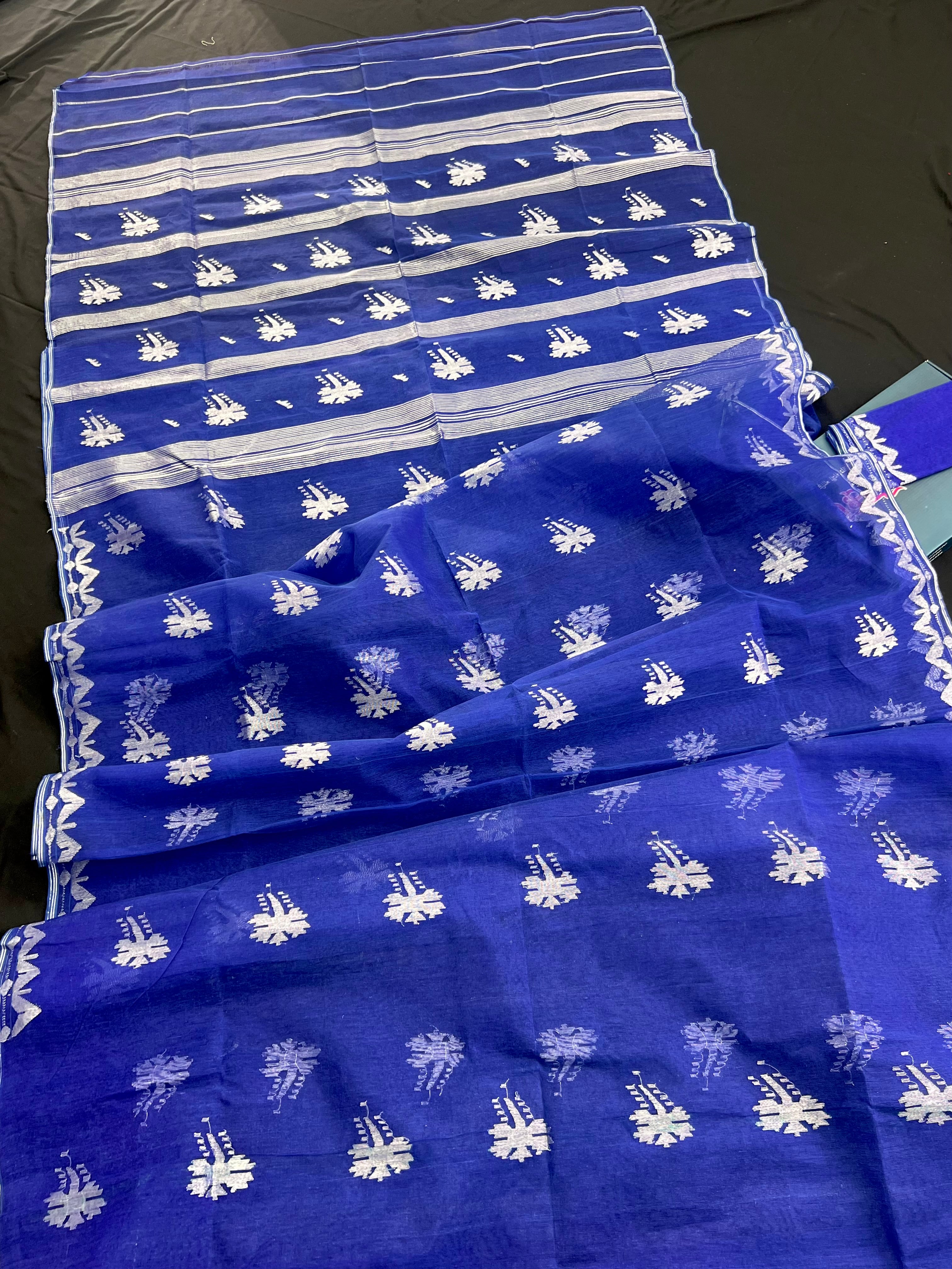 Blue Jamdani With Silver Jori Work.