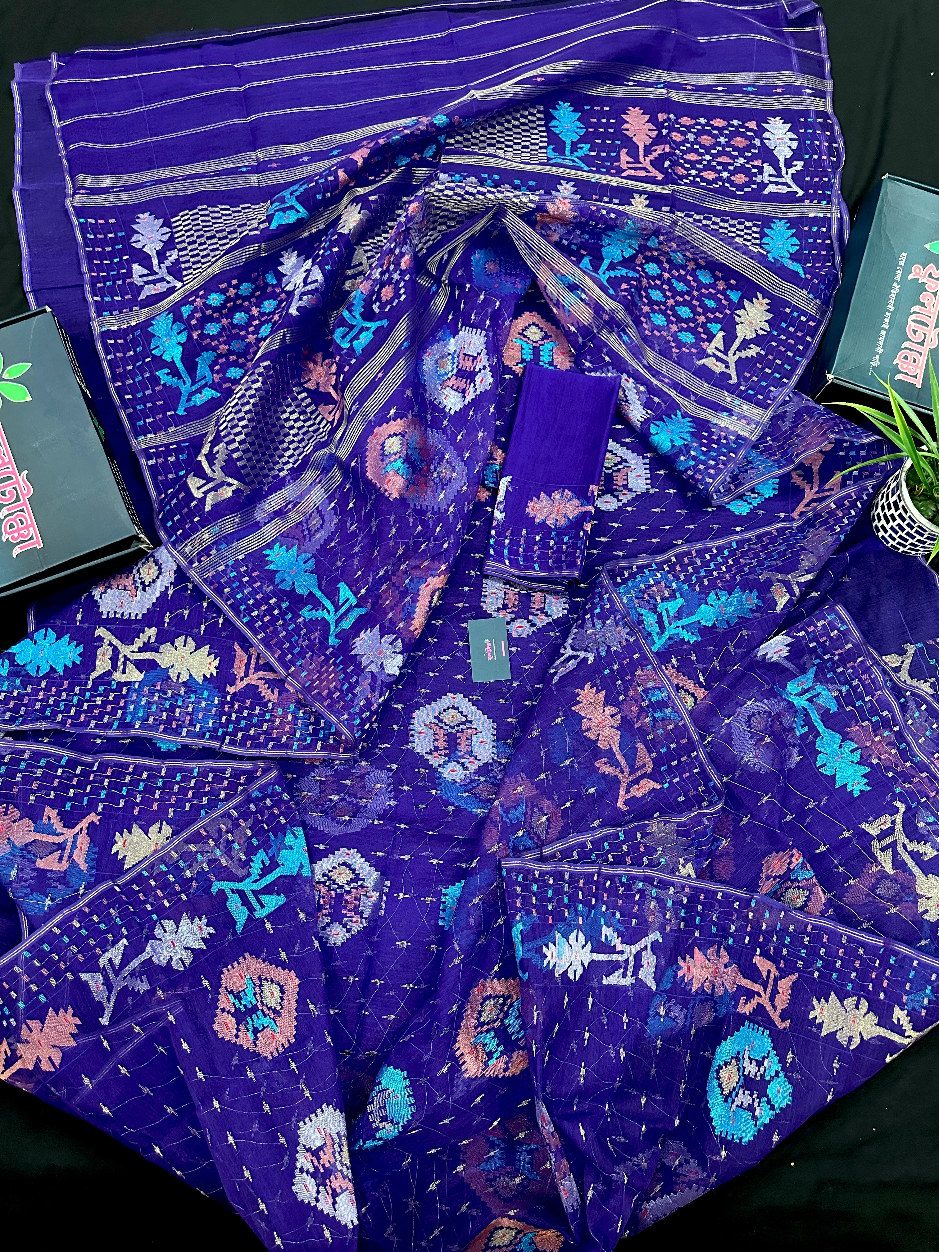 Dual Toned Purple Jamdani Saree With Golden Silver & Copper Jori Work.