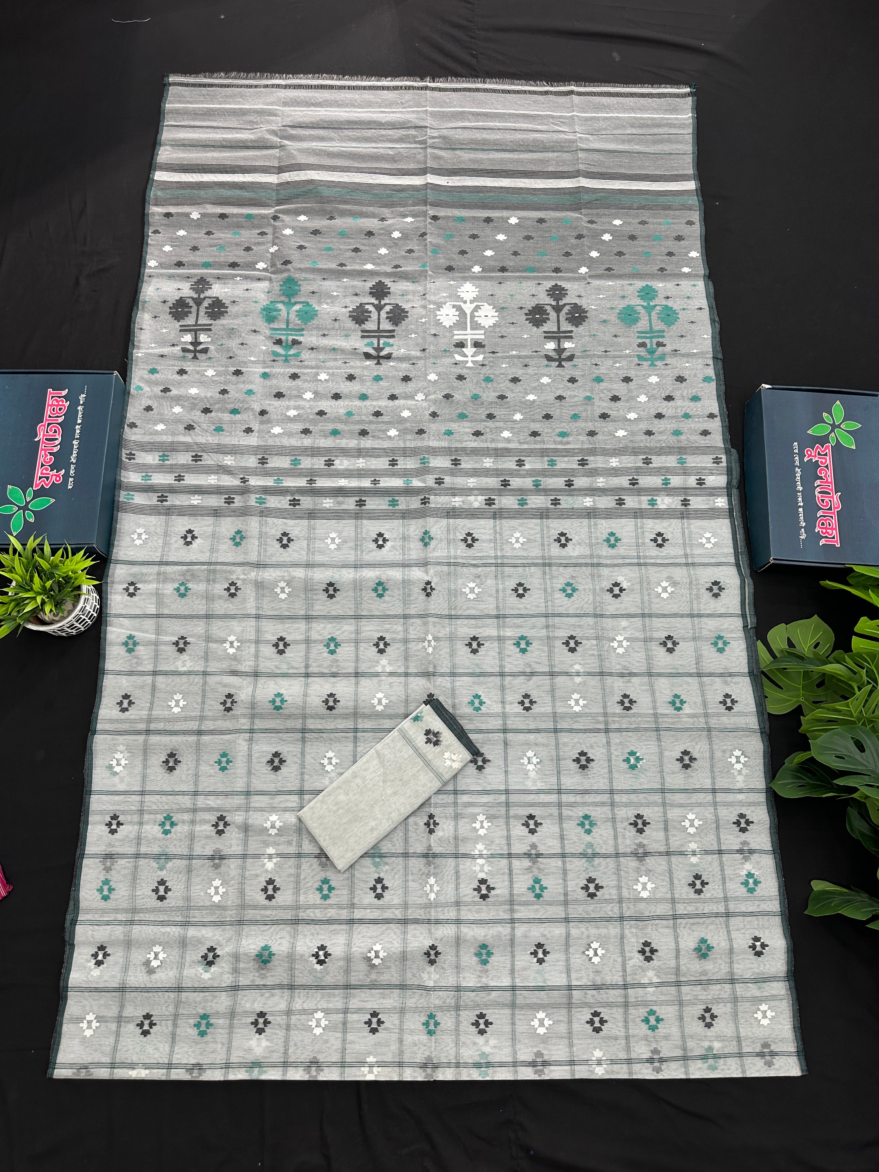 White cotton jamdani saree white black green threads work