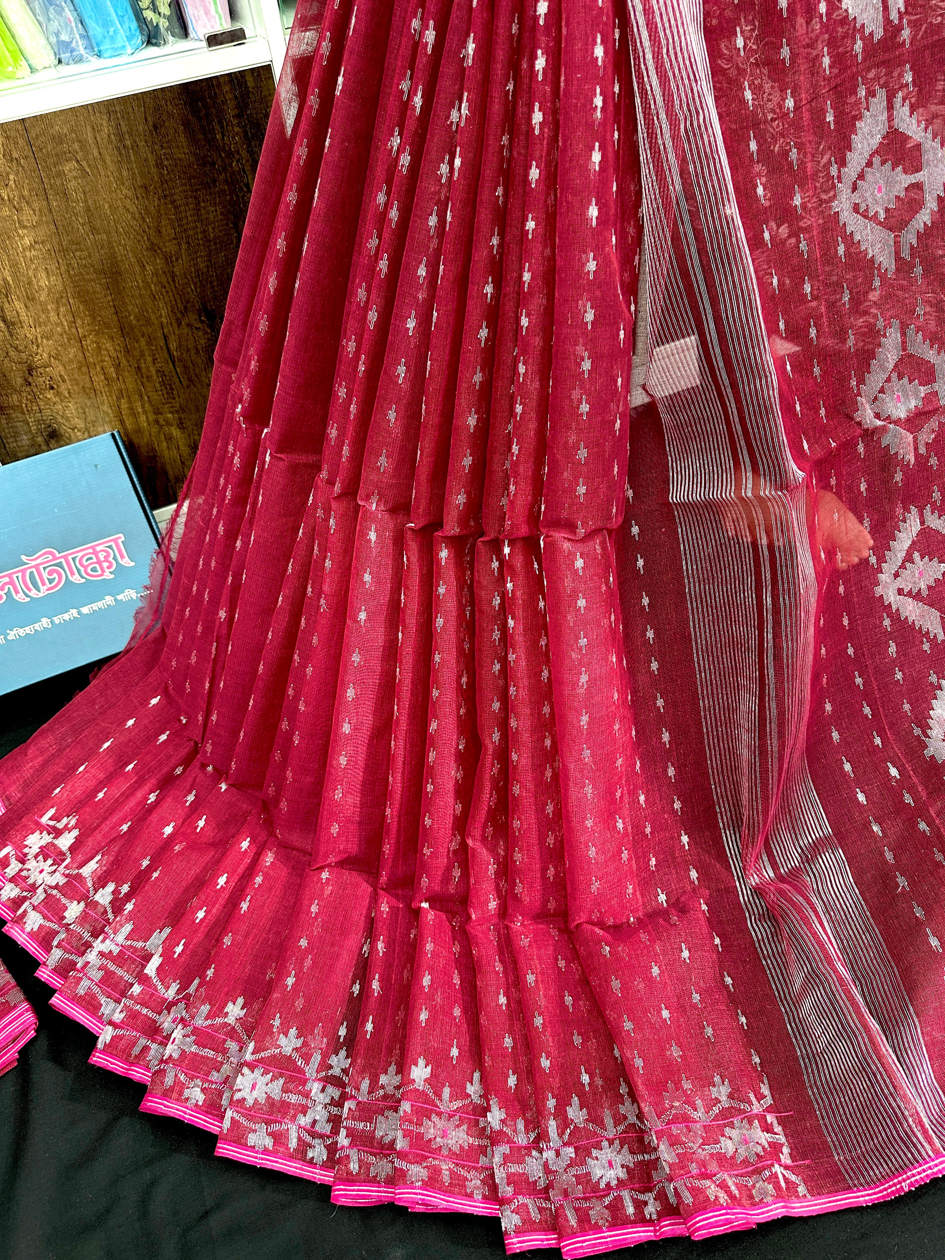 Maroon cotton jamdani saree with silver jori work