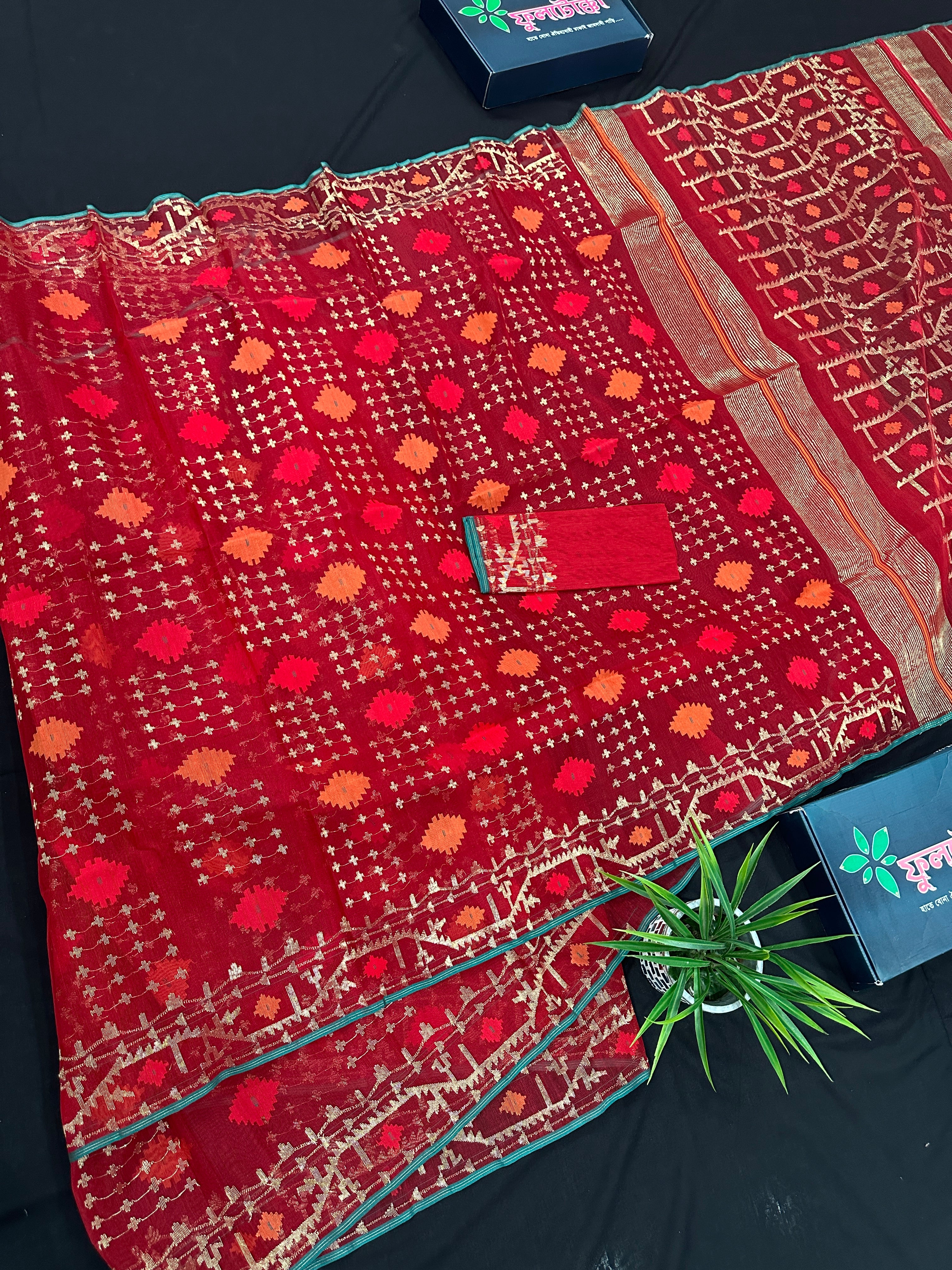 Bridal Red Halfsilk Jamdani Saree With Golden Jori Work & Red Threads work.