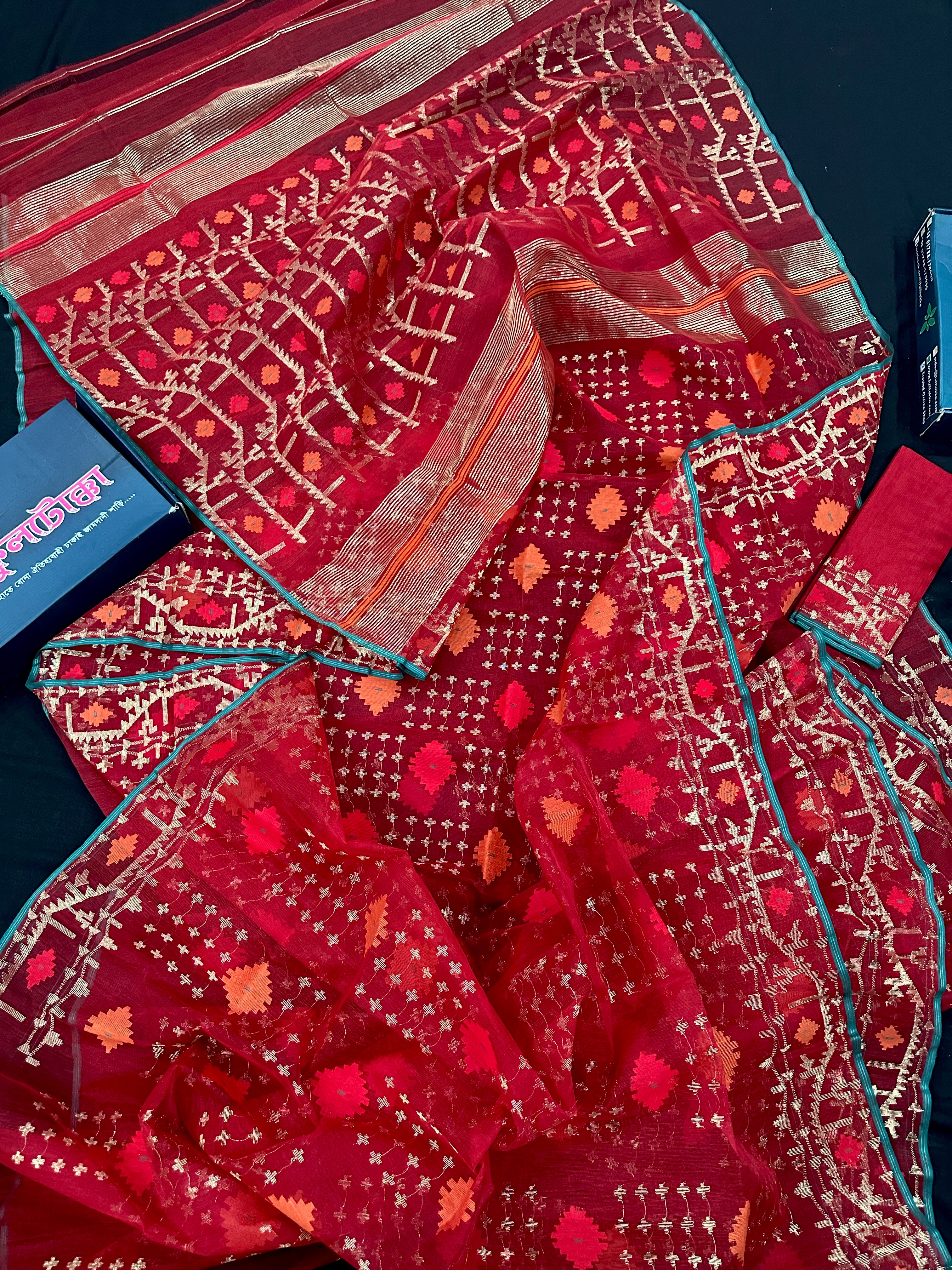 Bridal Red Halfsilk Jamdani Saree With Golden Jori Work & Red Threads work.