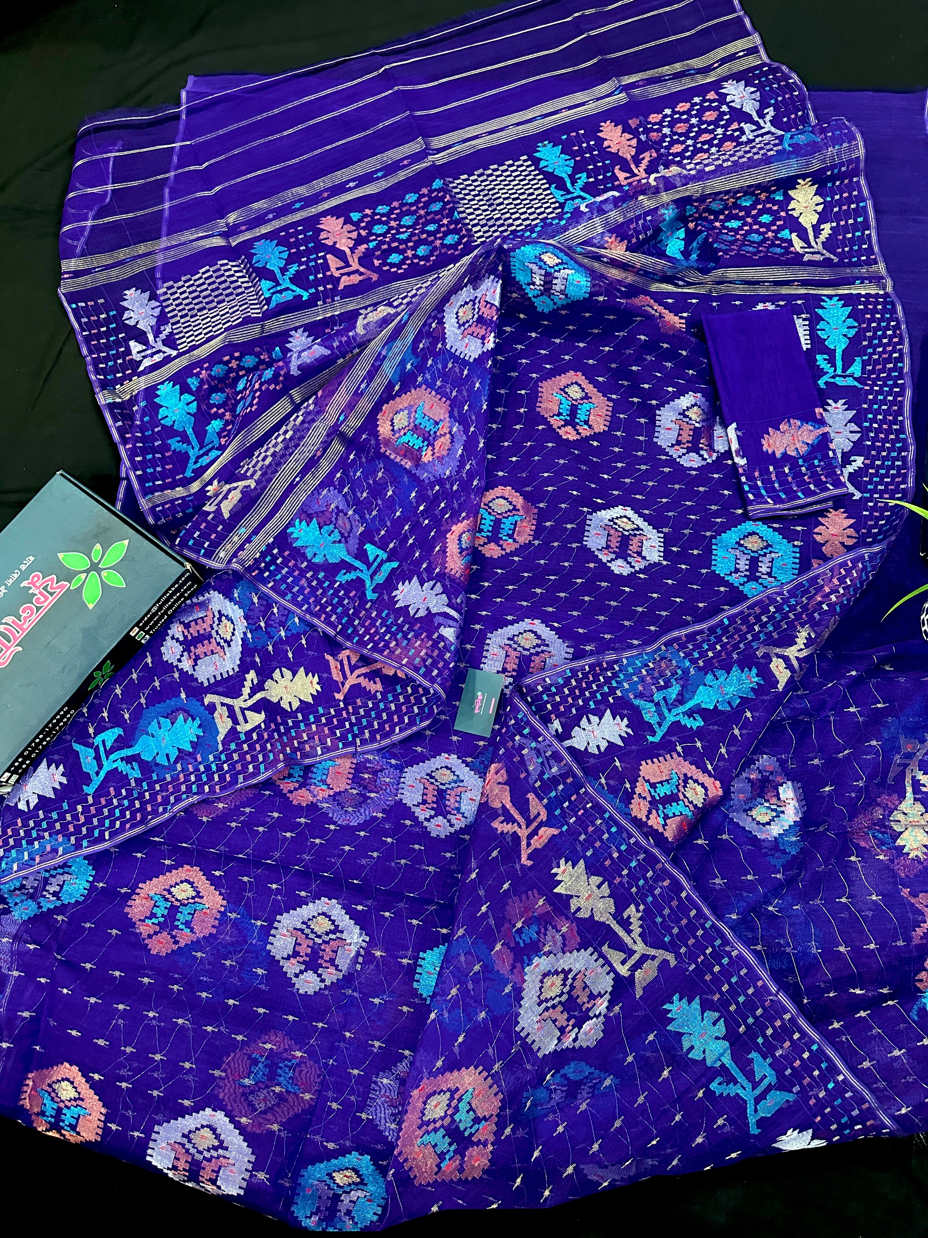 Dual Toned Purple Jamdani Saree With Golden Silver & Copper Jori Work.