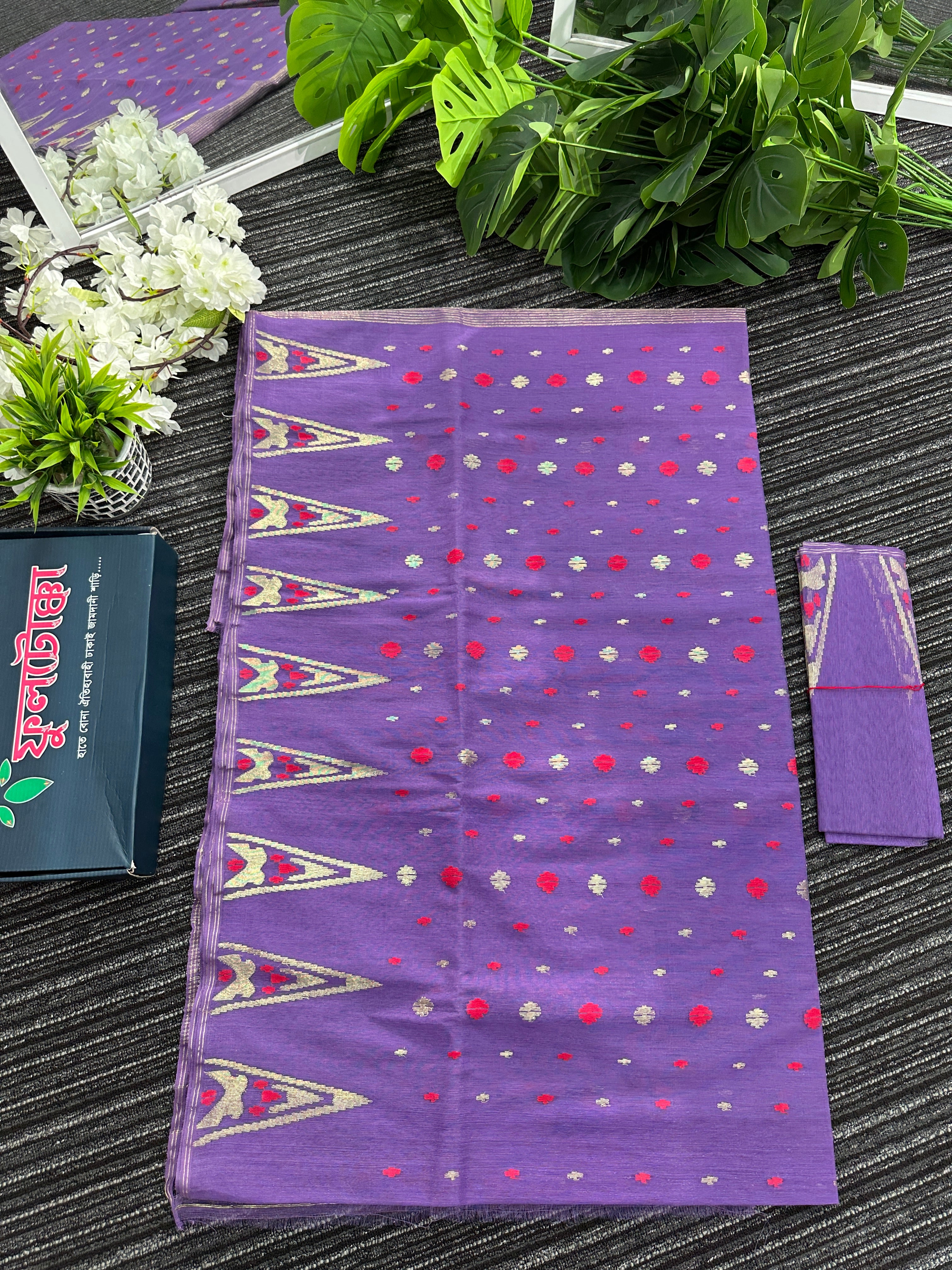 Purplish Lavendar halfsilk jamdani saree with golden jori work and pink meena work
