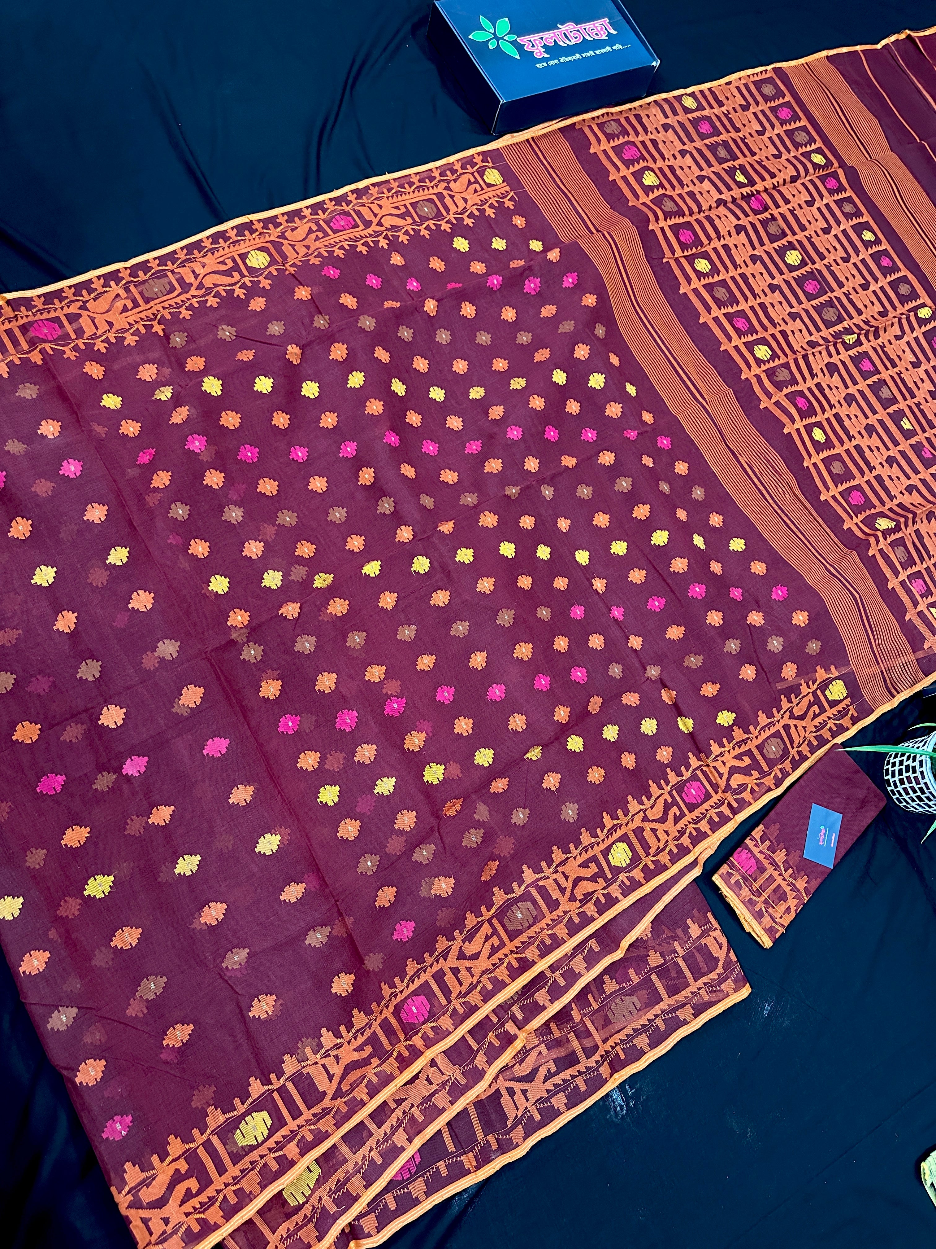 Bitrut colour cotton jamdani saree with yellow orange and pink threads work & blouse piece.