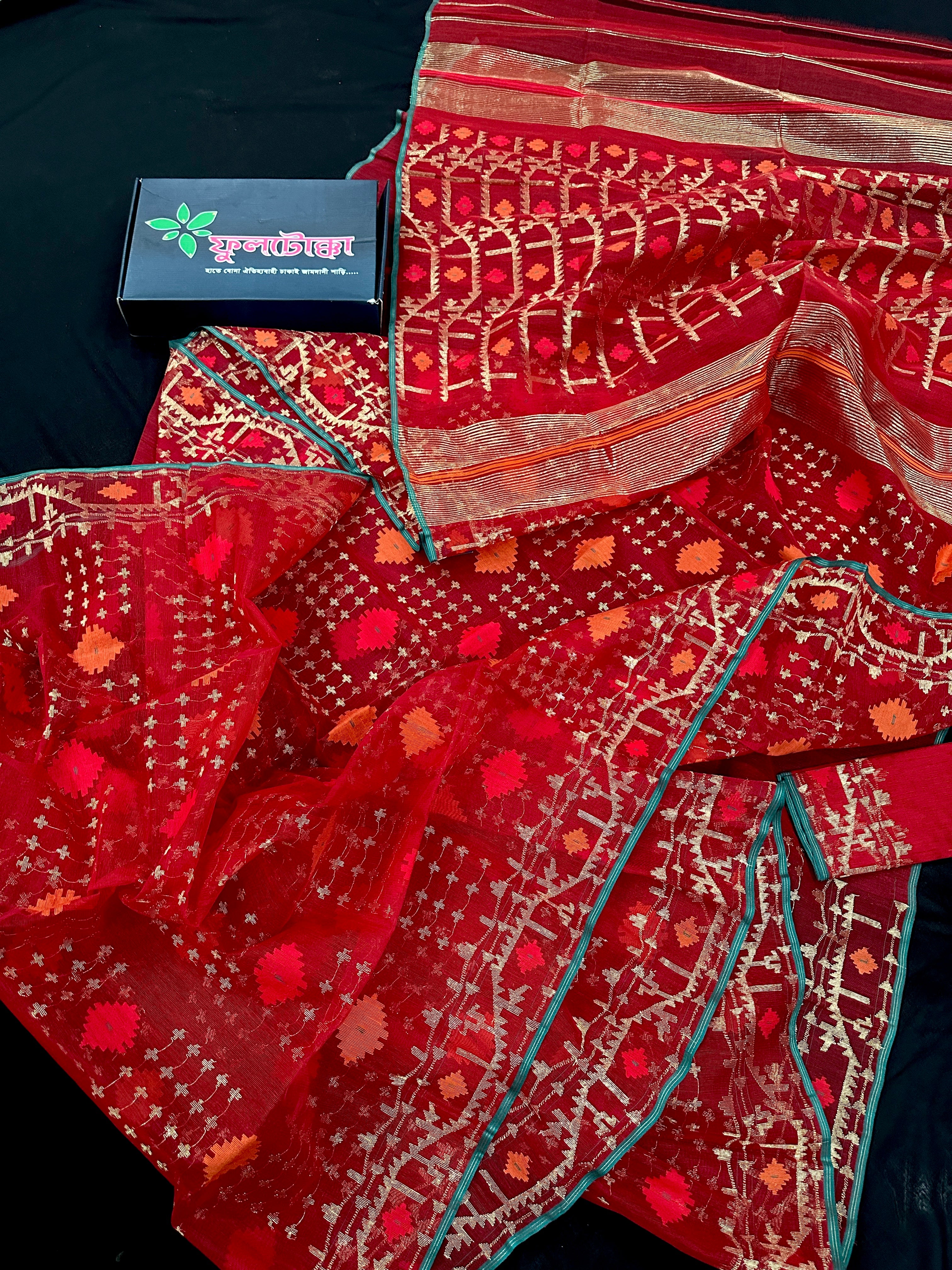 Bridal Red Halfsilk Jamdani Saree With Golden Jori Work & Red Threads work.