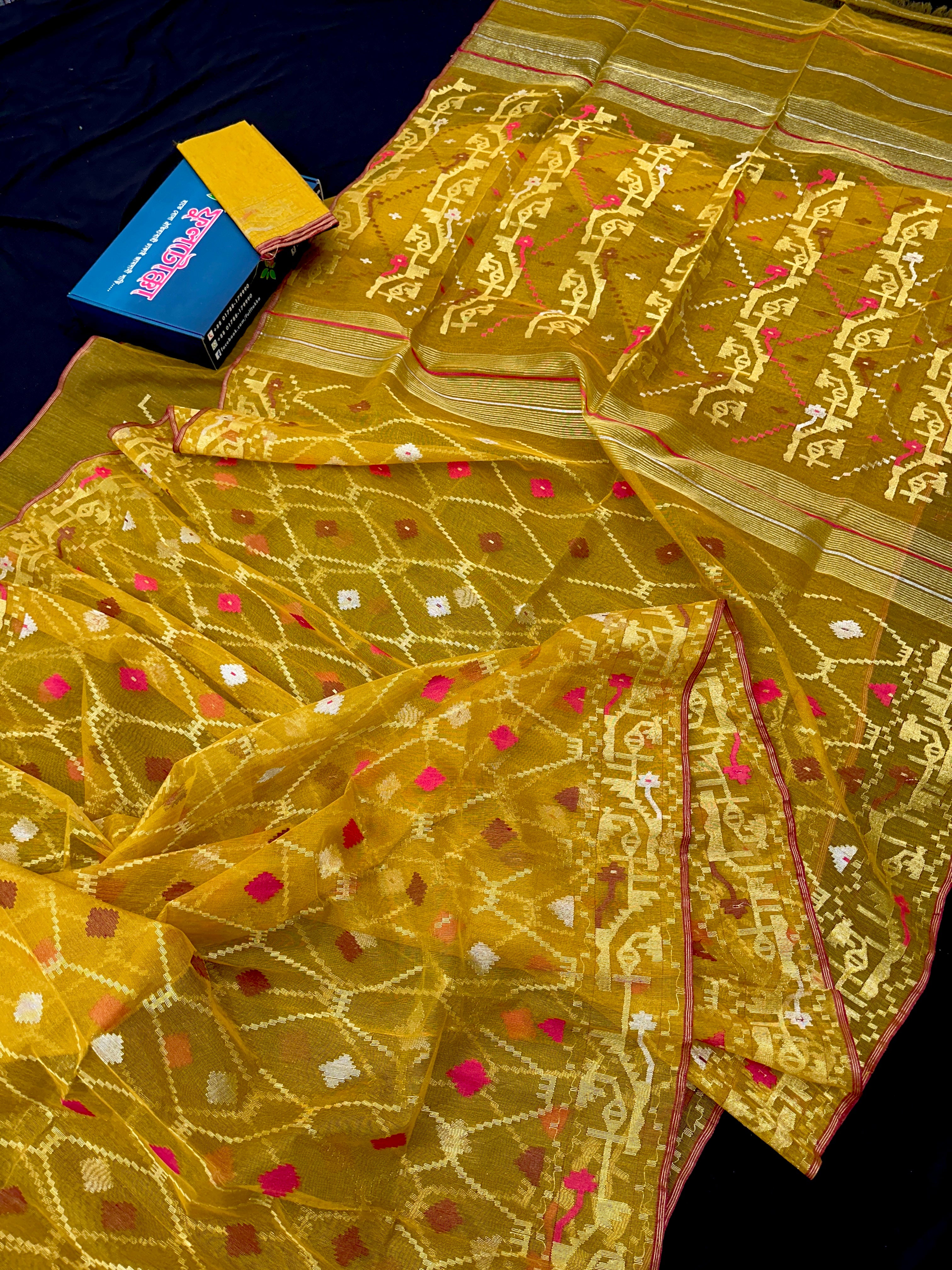 Mustard Yellow Eye catching Handloom original dhakai jamdani saree.