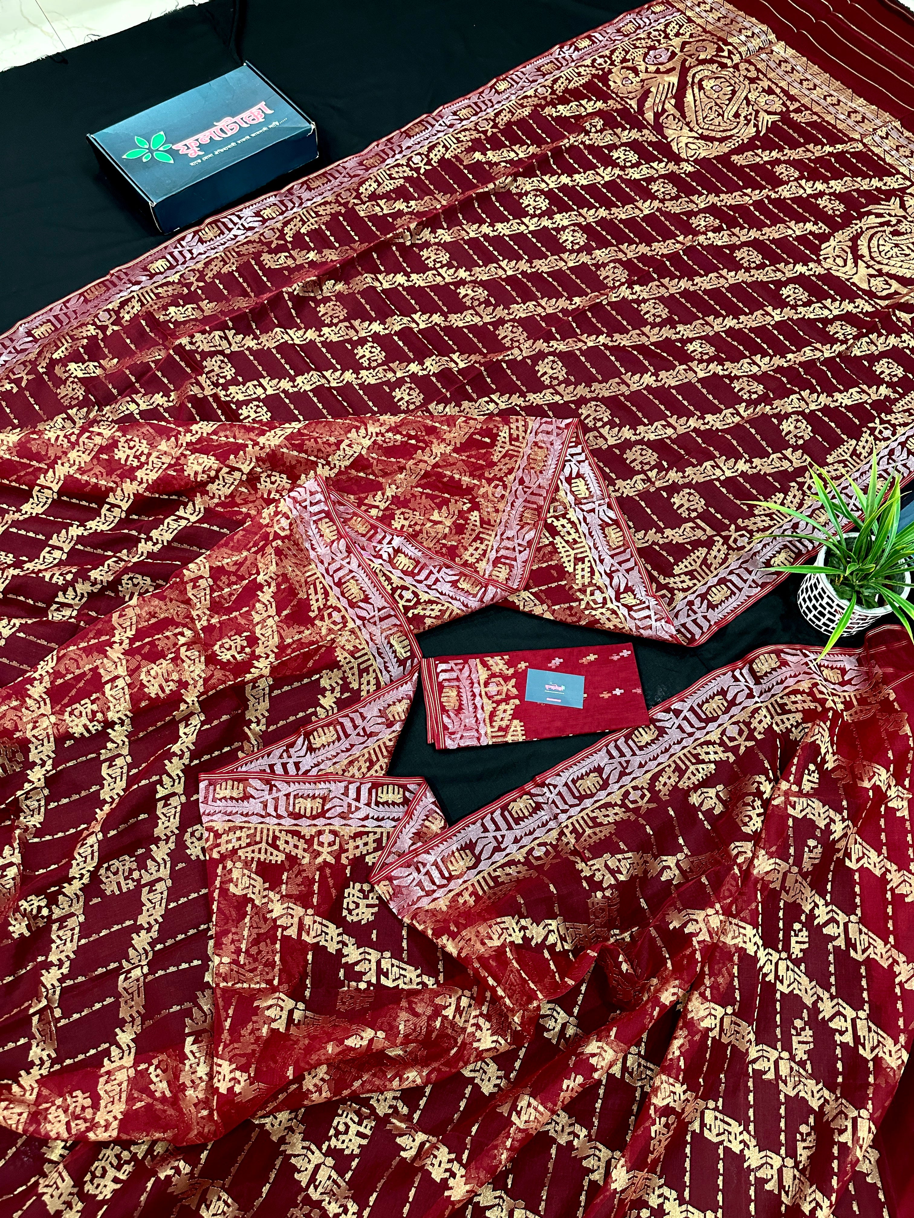 Maroon super exclusive bridal jamdani saree with golden silver jori work.