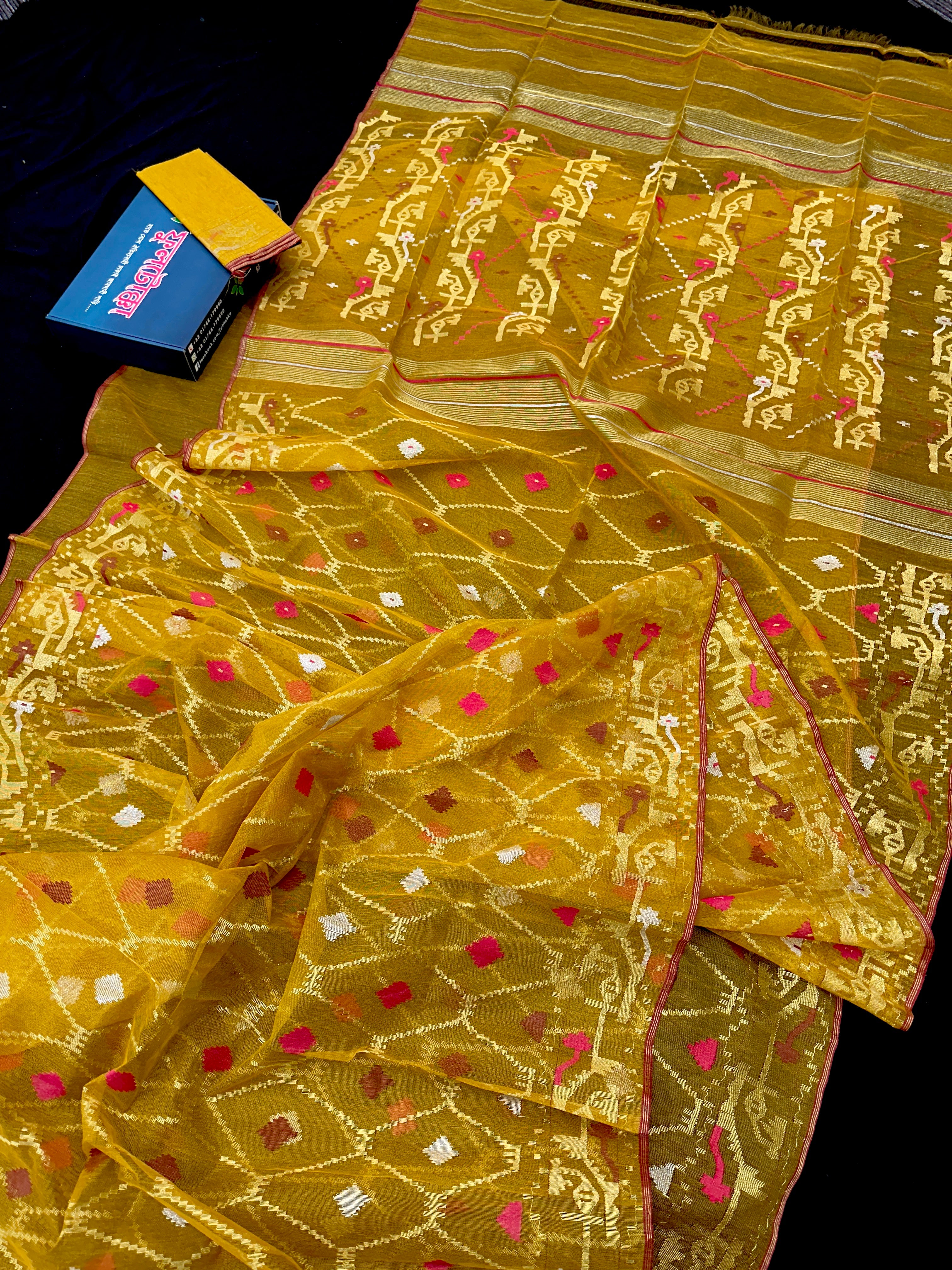 Mustard Yellow Eye catching Handloom original dhakai jamdani saree.