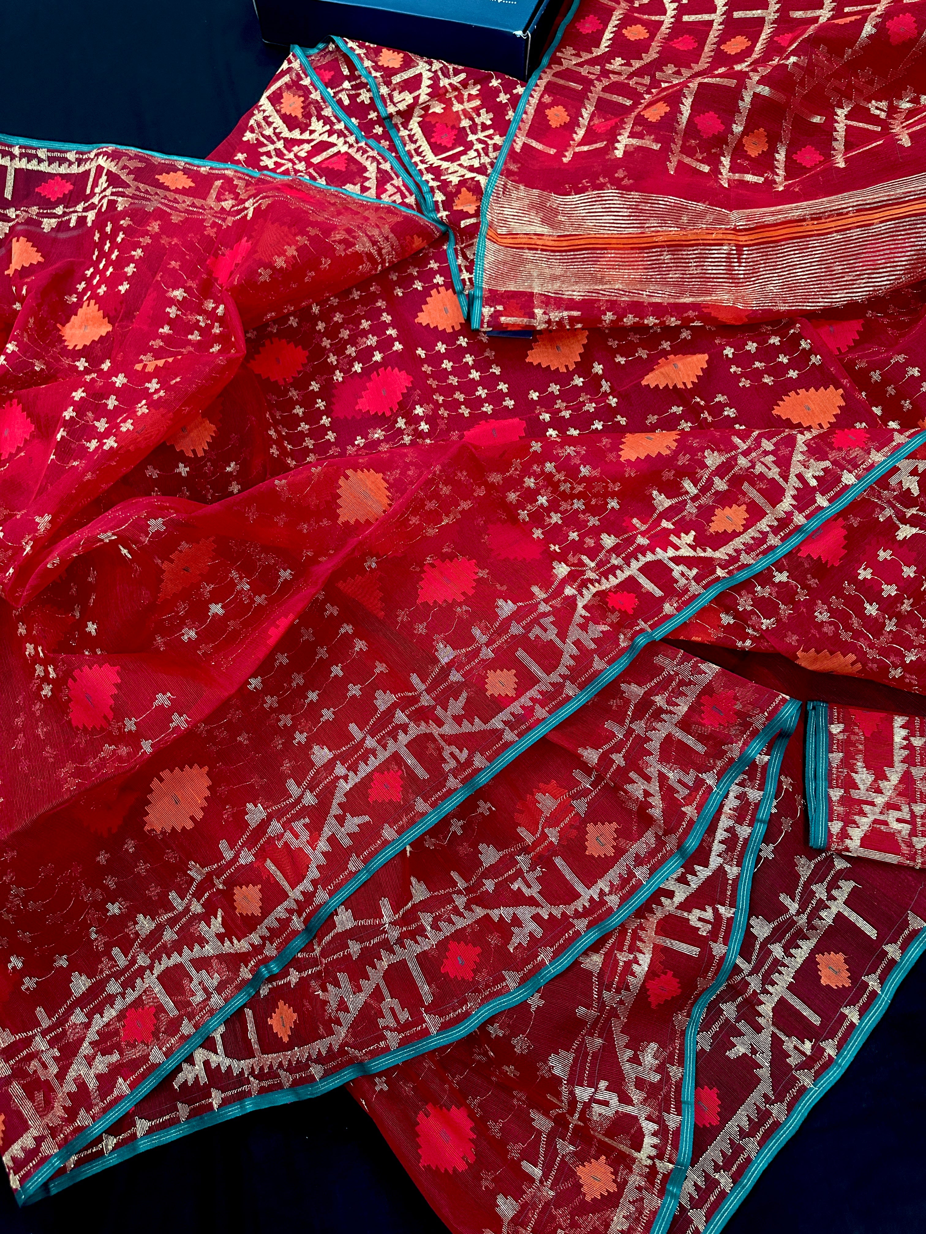 Bridal Red Halfsilk Jamdani Saree With Golden Jori Work & Red Threads work.