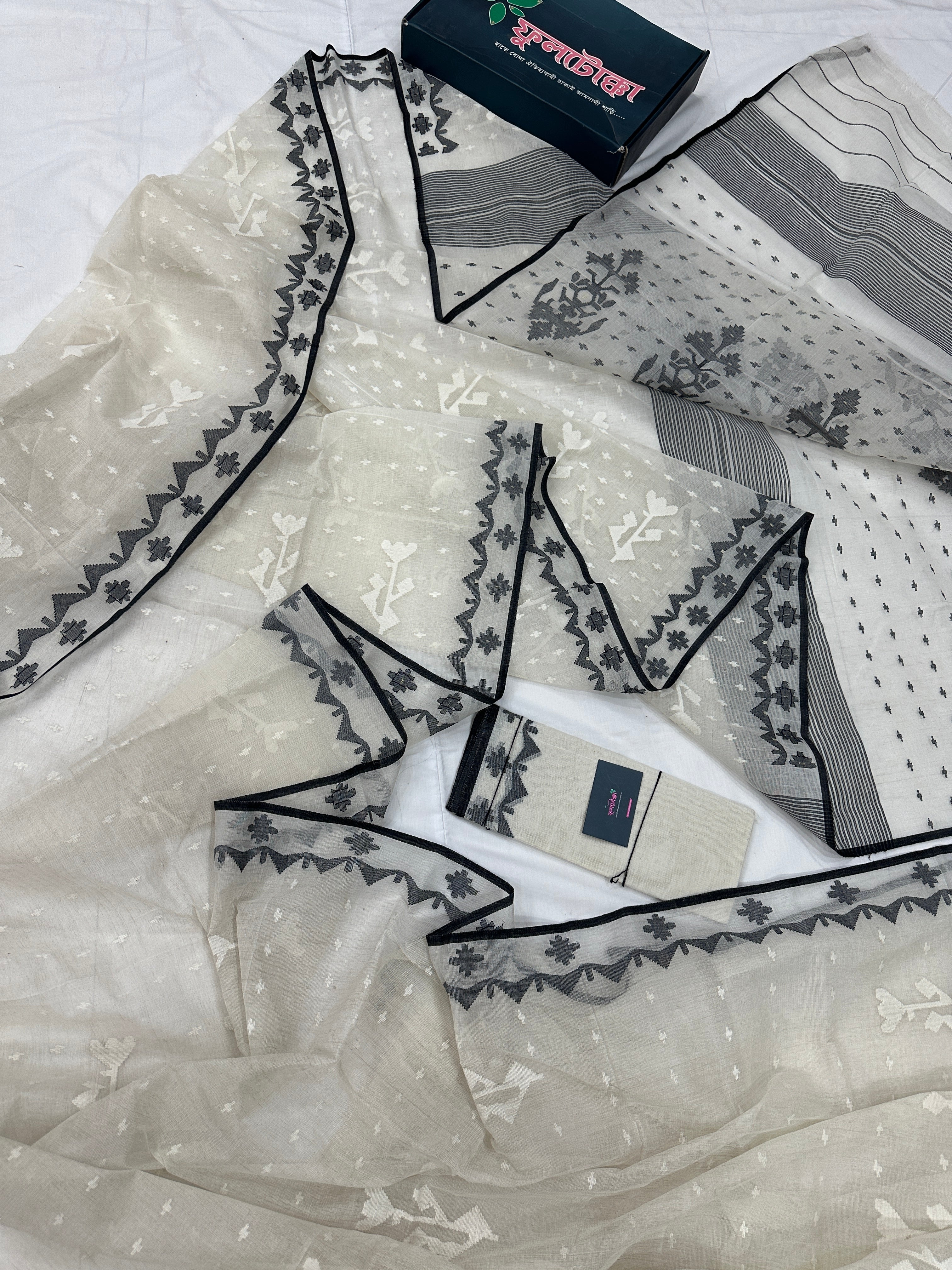 Black White Jamdani Saree With Black Threads & White Threads Work.