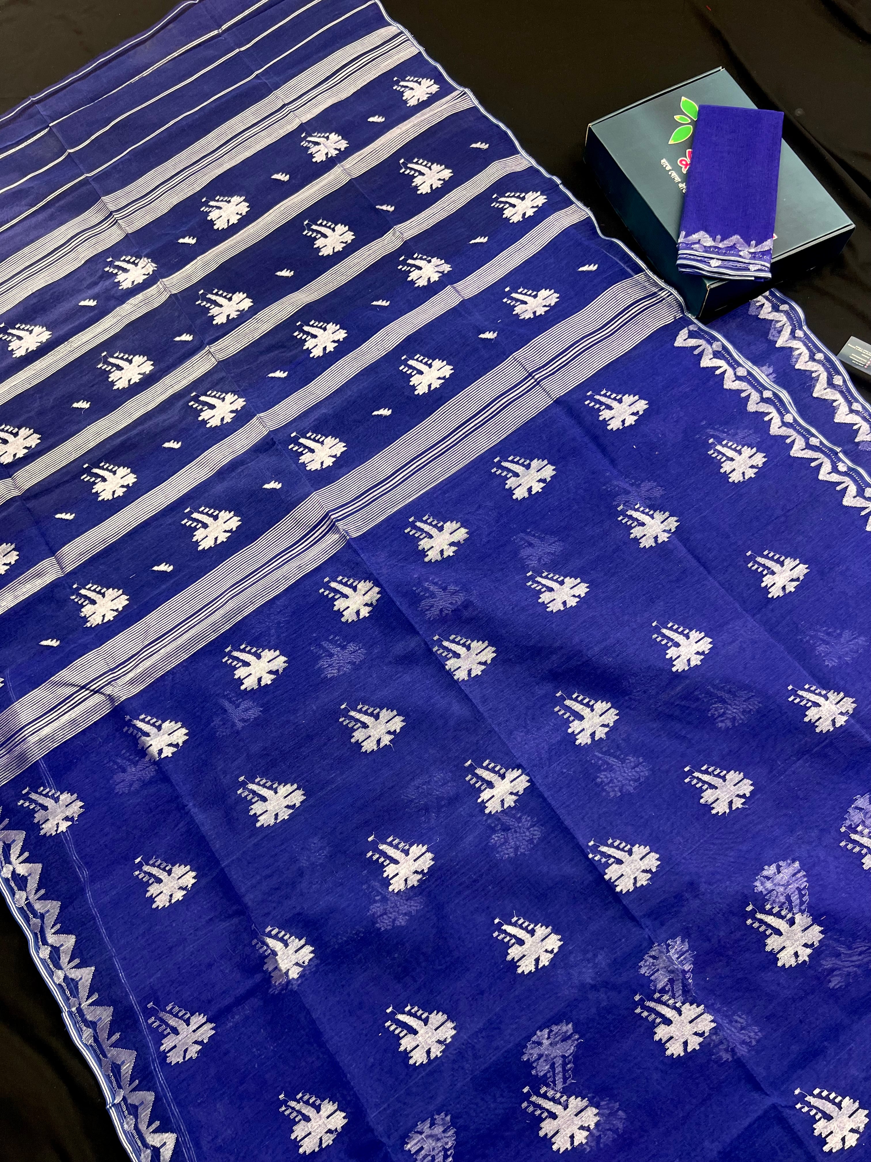 Blue Jamdani With Silver Jori Work.