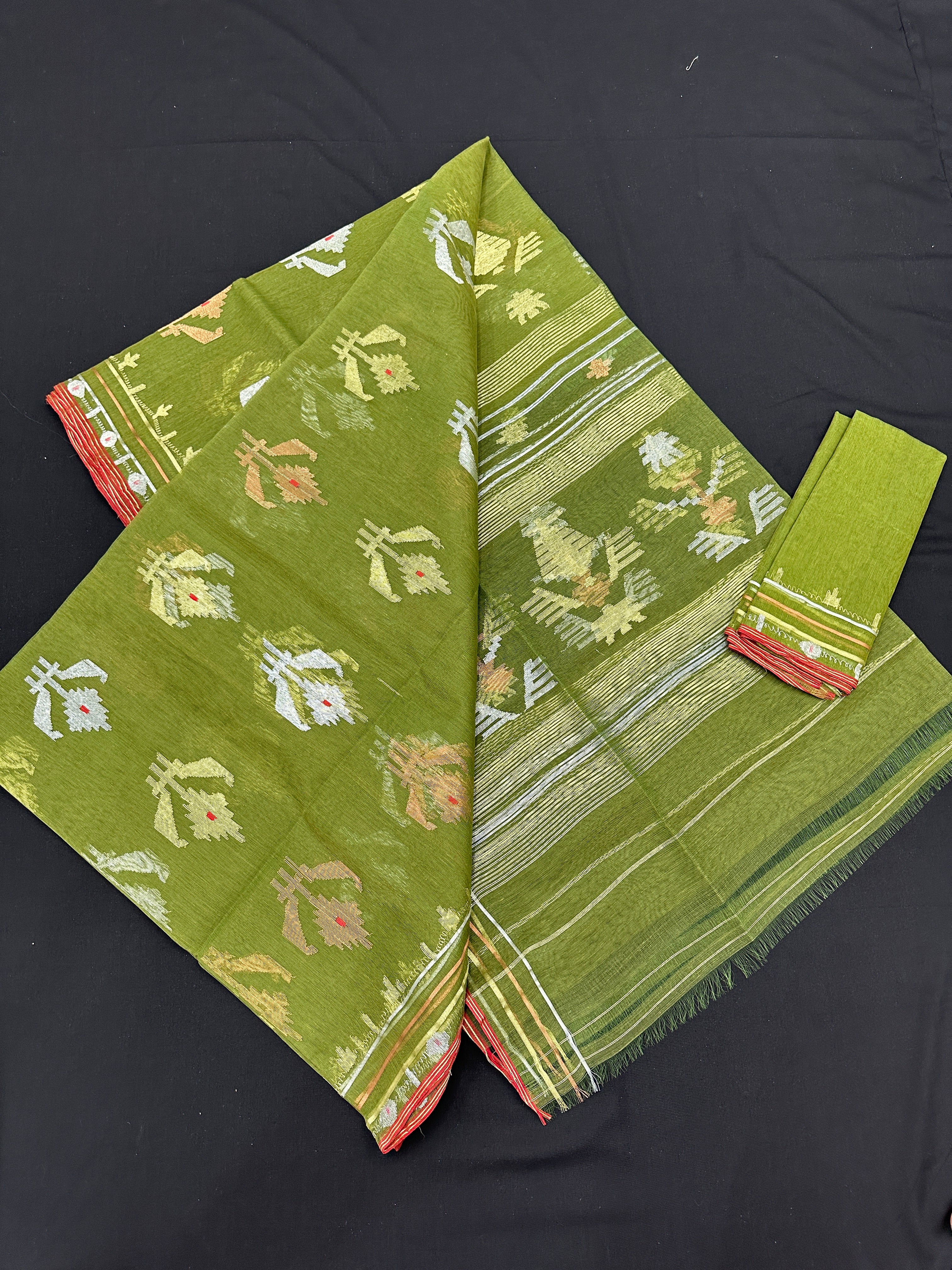 Light Green Jamdani Saree With Golden Silver And Copper Jori Work