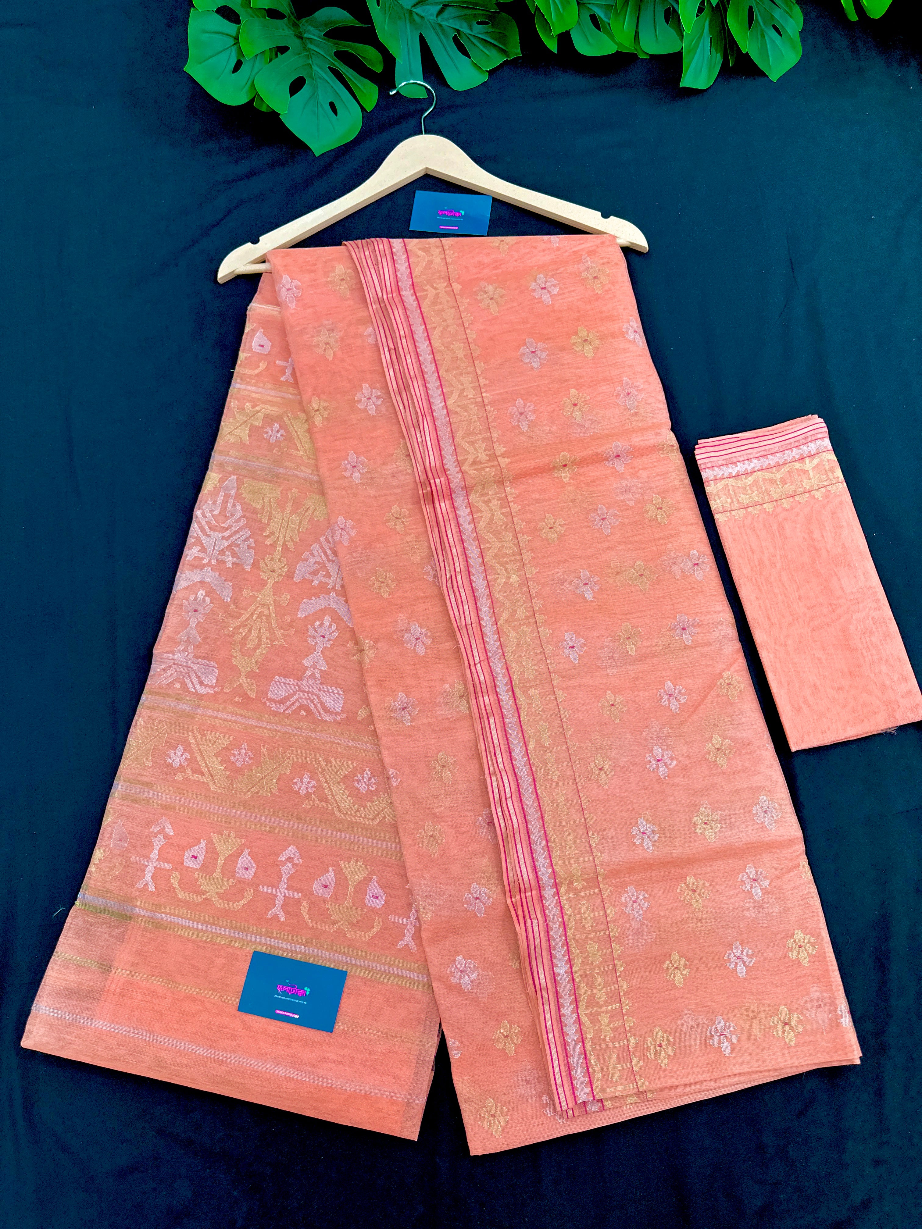 Exclusive Peace Colour Halfsilk Jamdani Saree With Golden Copper And Silver Jori Work