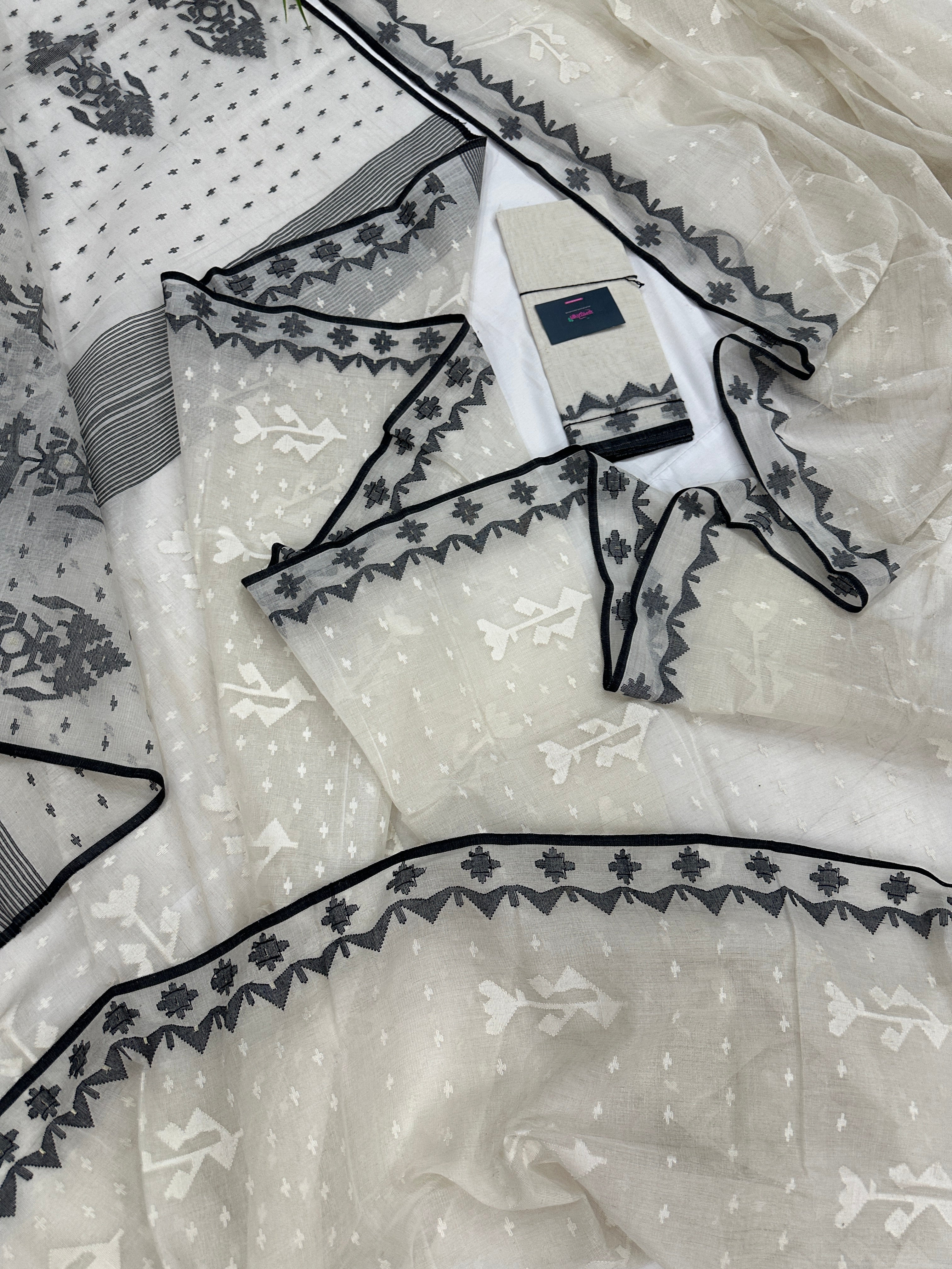 Black White Jamdani Saree With Black Threads & White Threads Work.