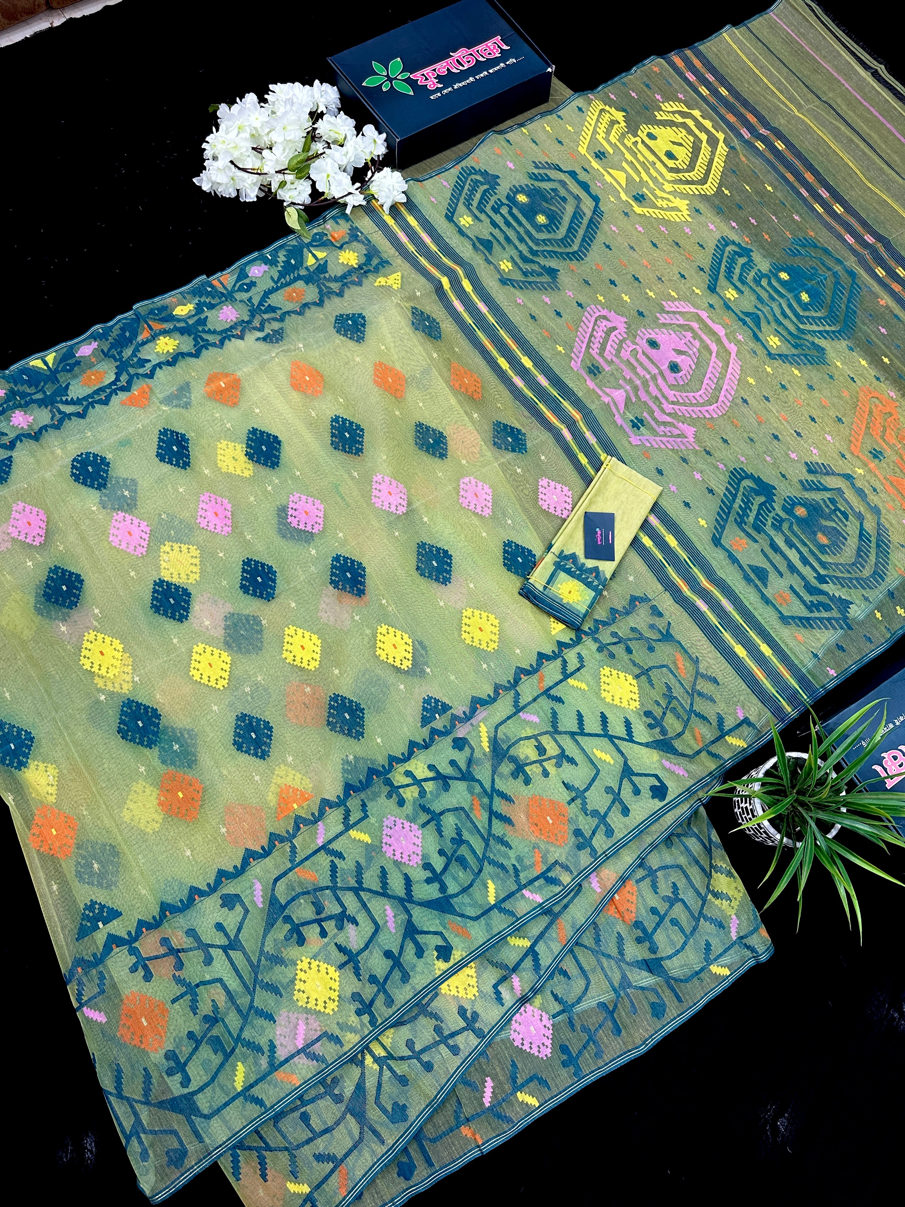 Yellow Exclusive dhakai jamdani saree with all over multi colour threads & flower work soft count.