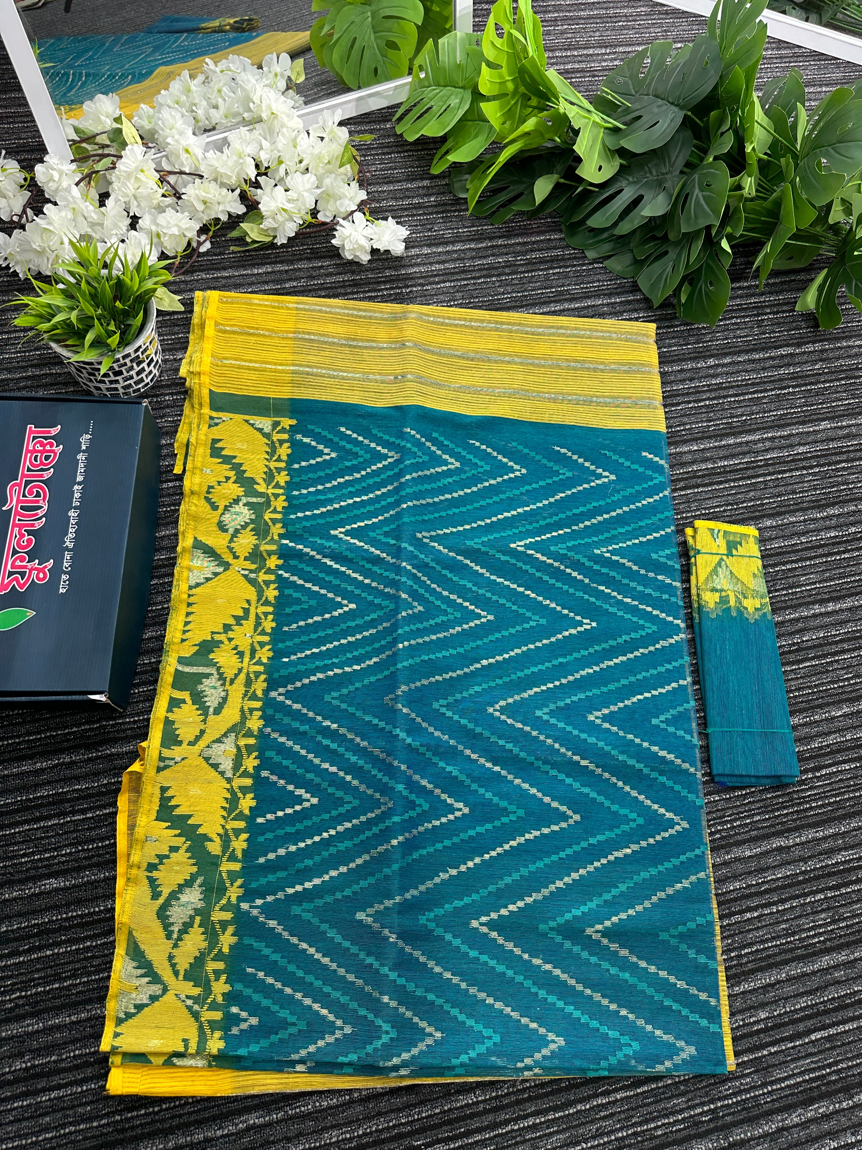 Sea green with yellow halfsilk jamdani with golden jori work and self threads work