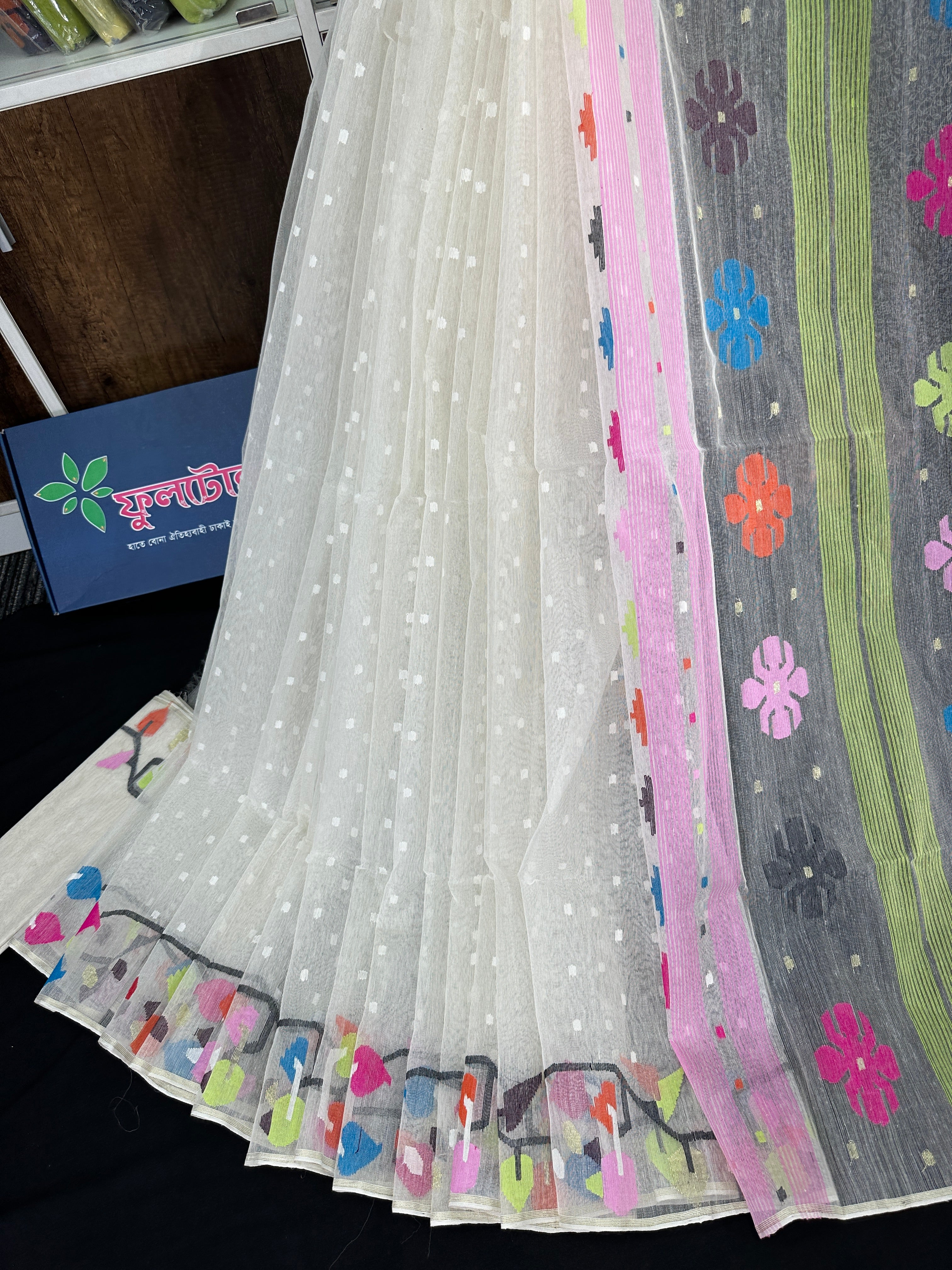 White cotton jamdani saree with pink blue orange magenta yellow multiple colour threads work