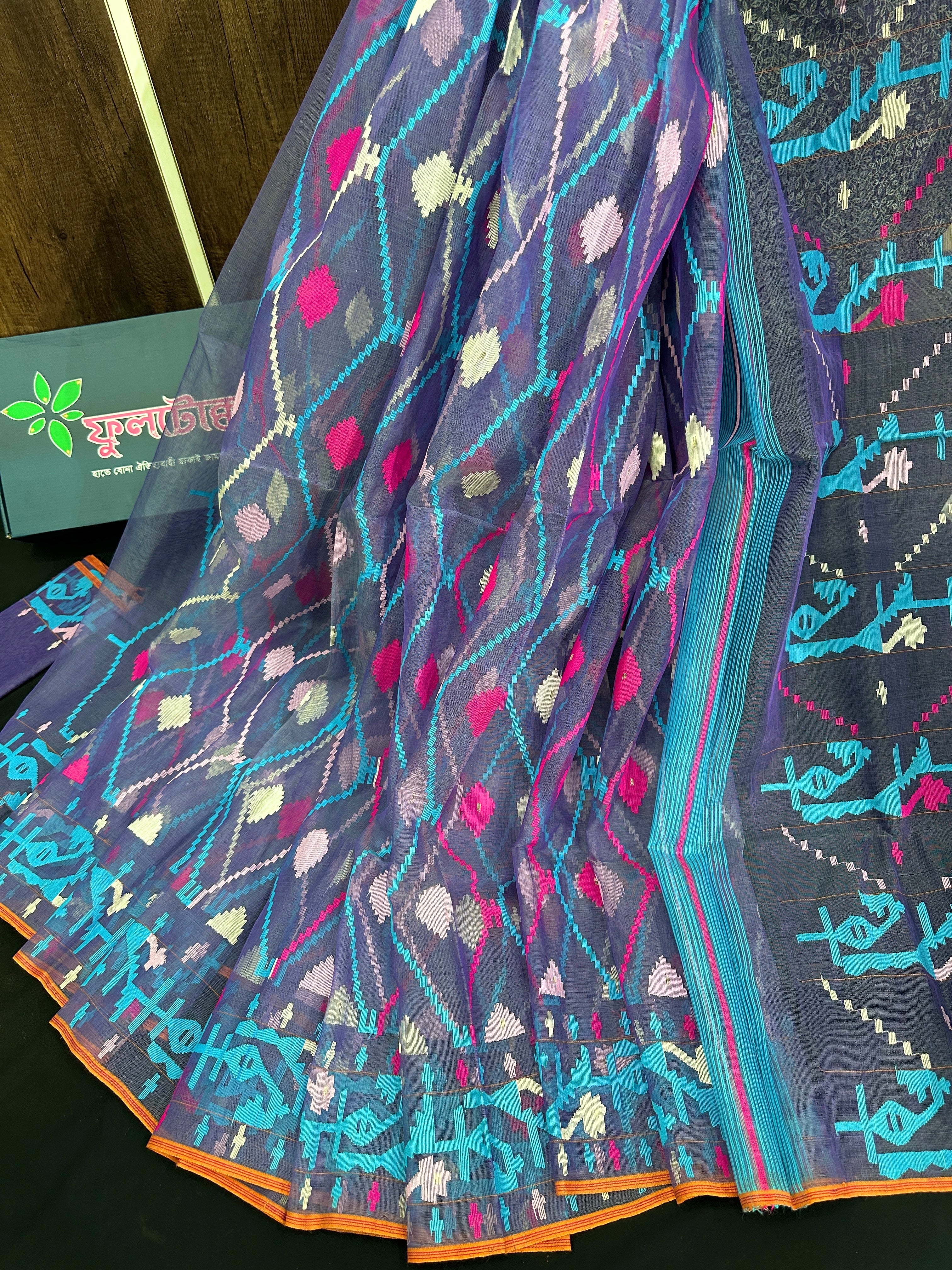 Dual toned purple halfsilk jamdani saree with white pink blue threads work