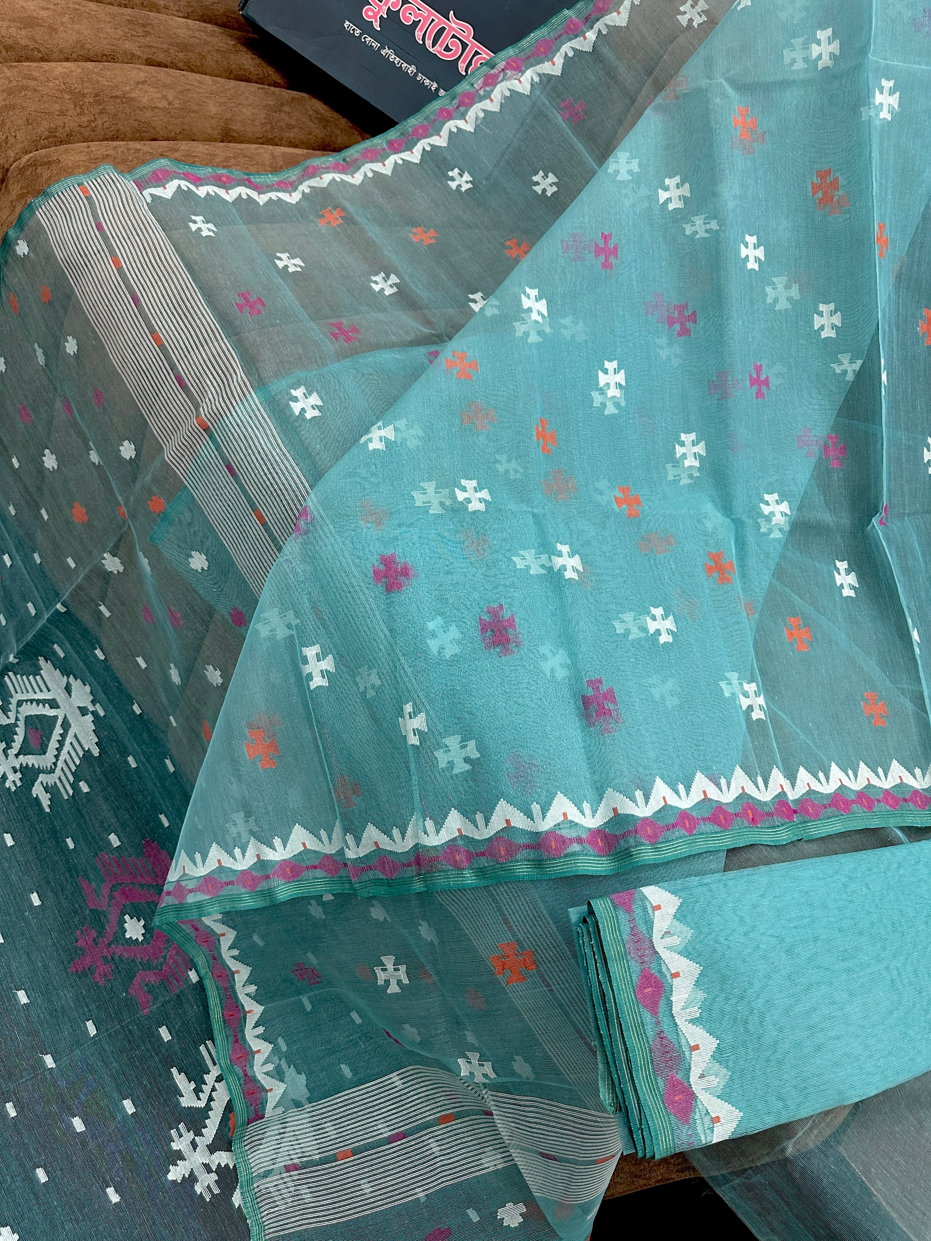 Powder Blue Handloom Dhakai Jamdani Sari With Pink Orange White Treads Work