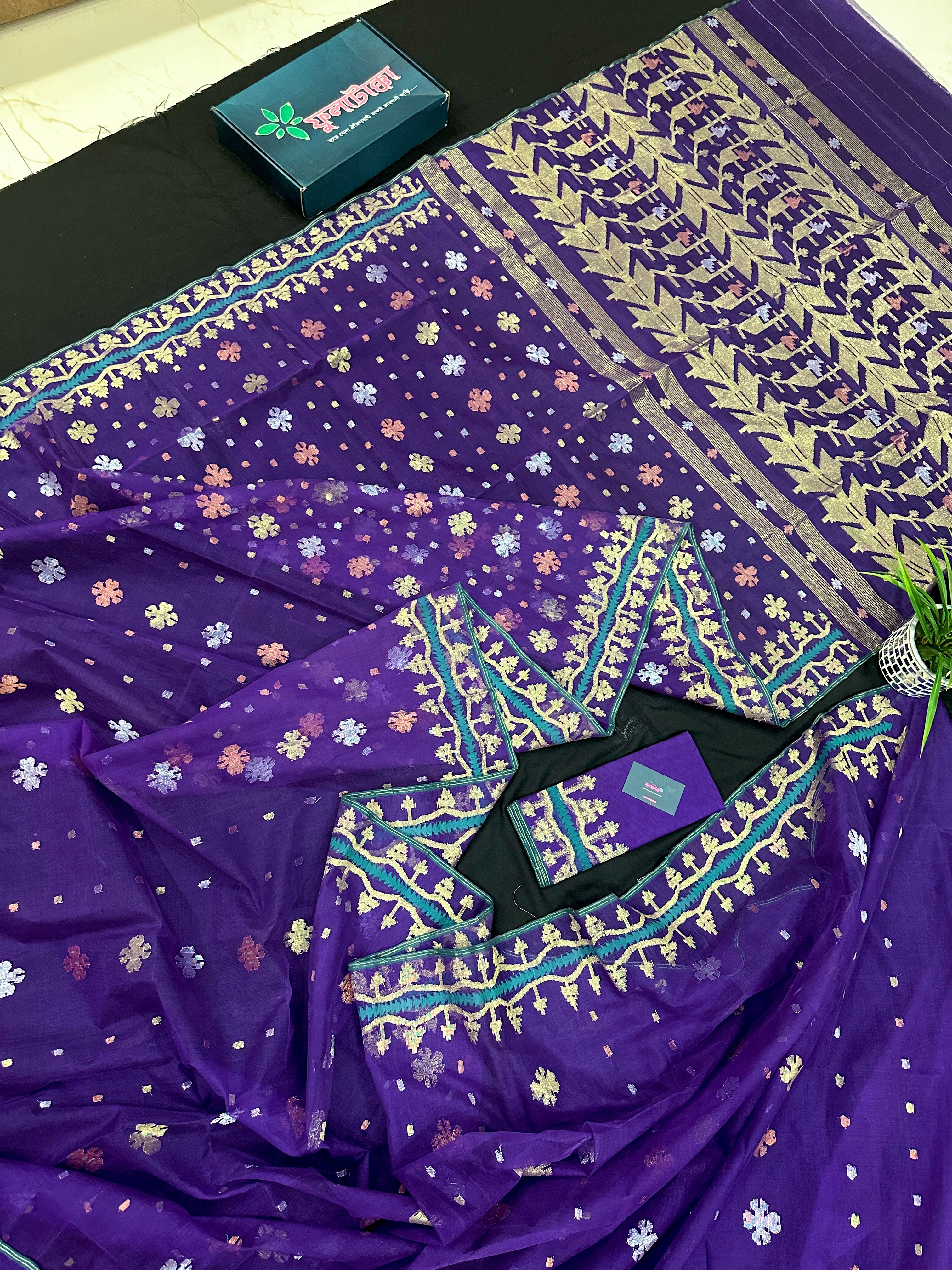 Violate purple jamdani saree all over golden silver and copper jori work.