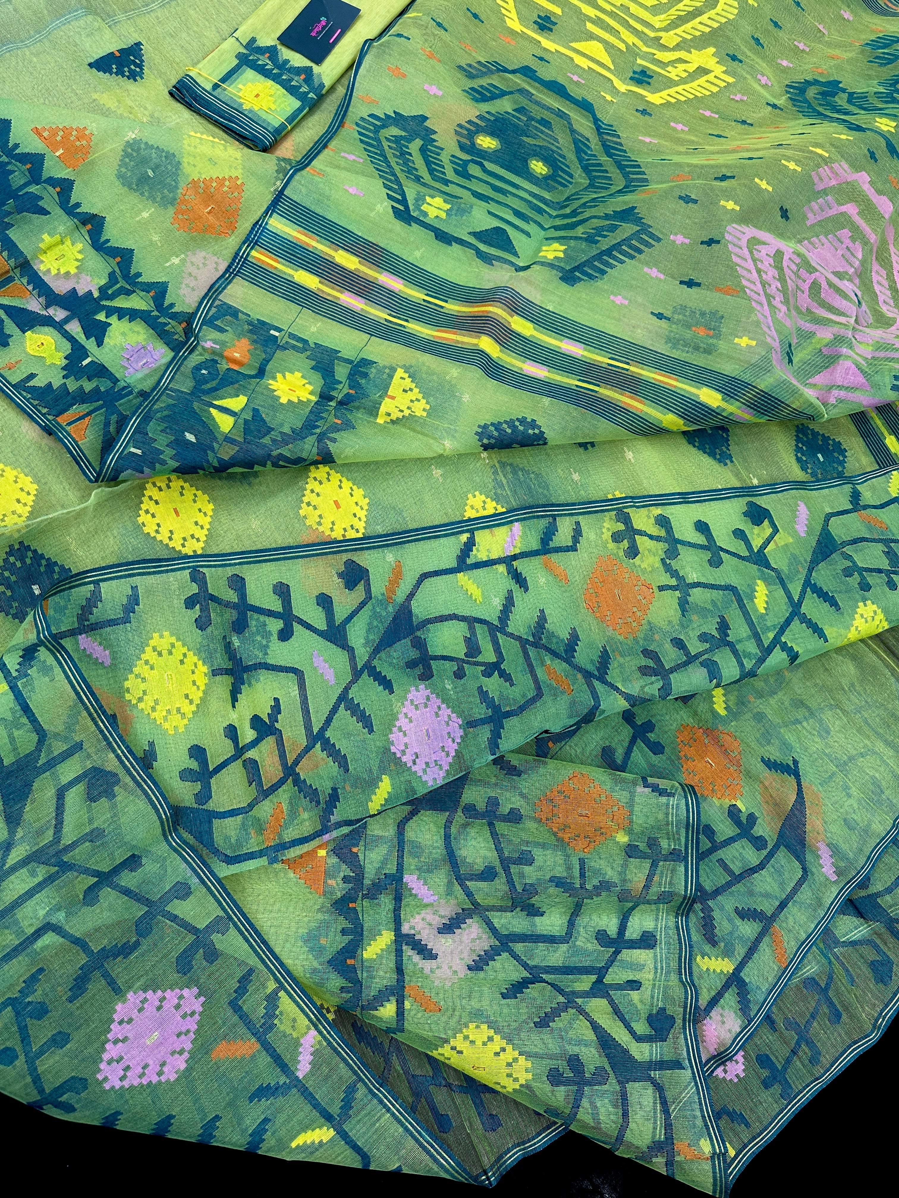 Yellow Exclusive dhakai jamdani saree with all over multi colour threads & flower work soft count.