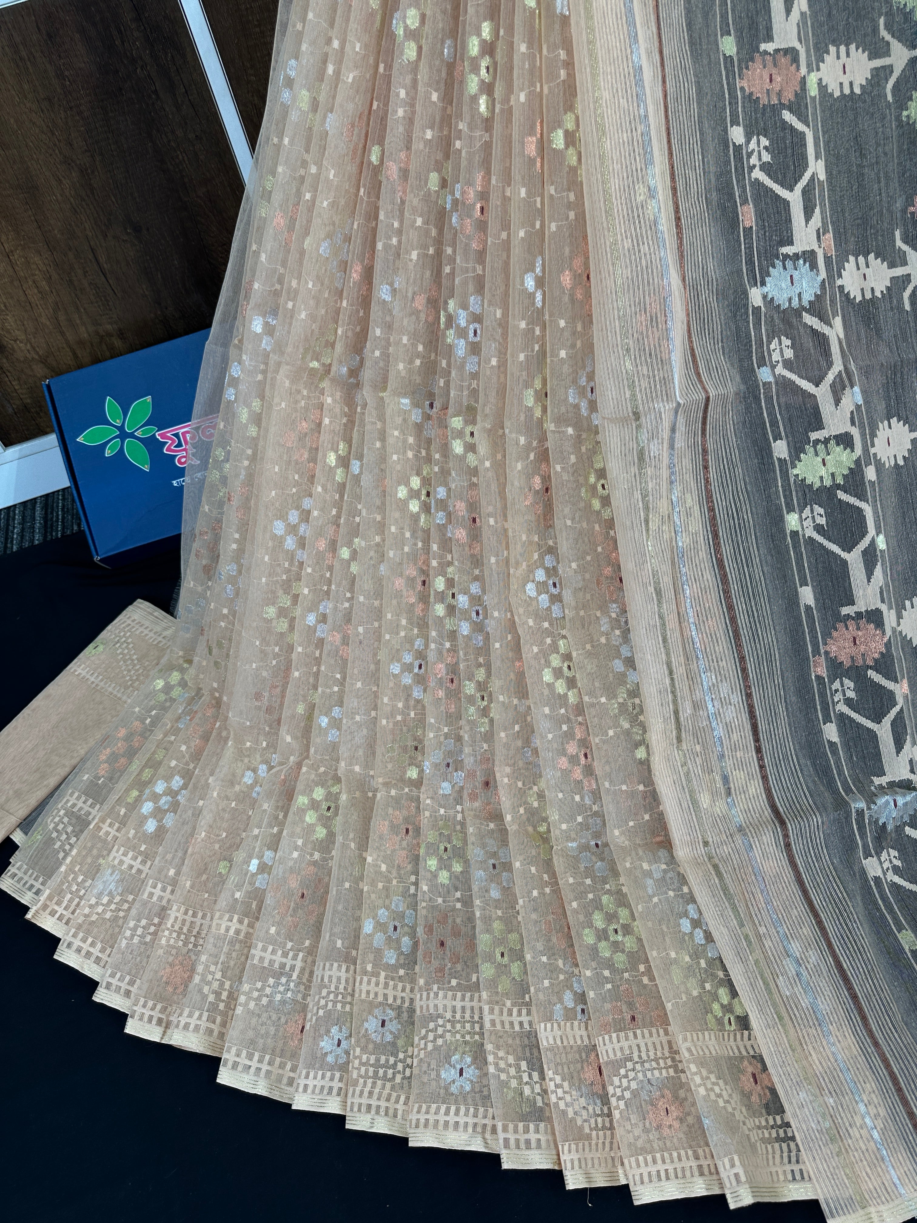 Pearl golden exclusive halfsilk jamdani saree with golden silver & copper jori work