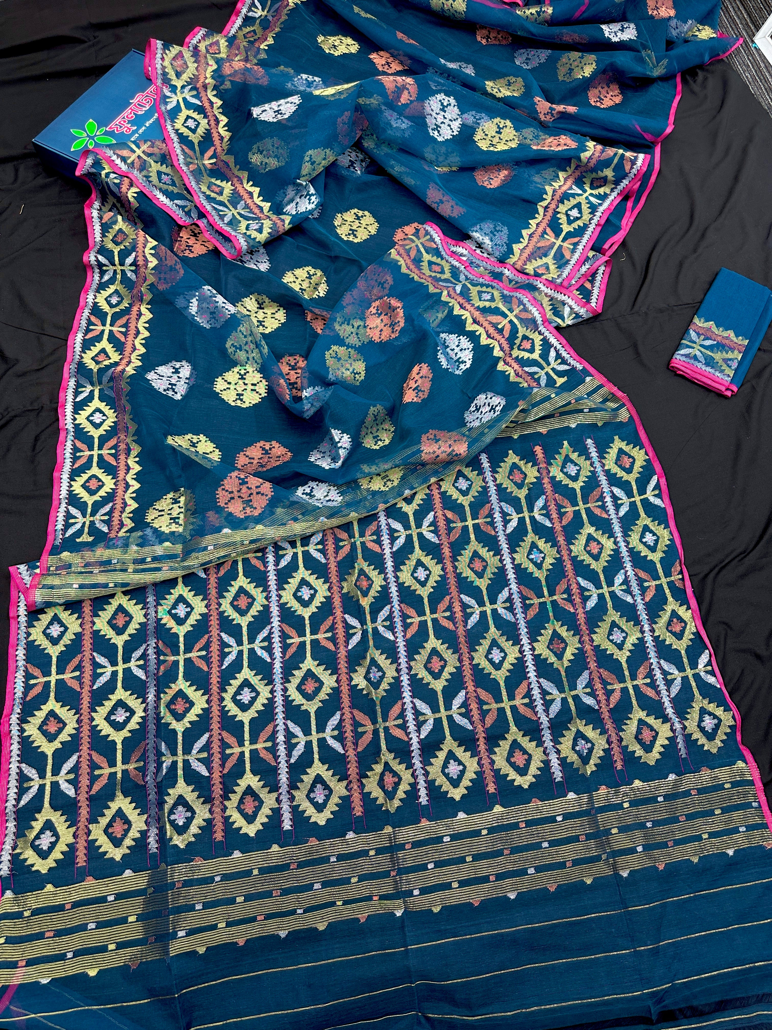 Sea green with multi colour jari woHandloom dhakai jamdani saree.