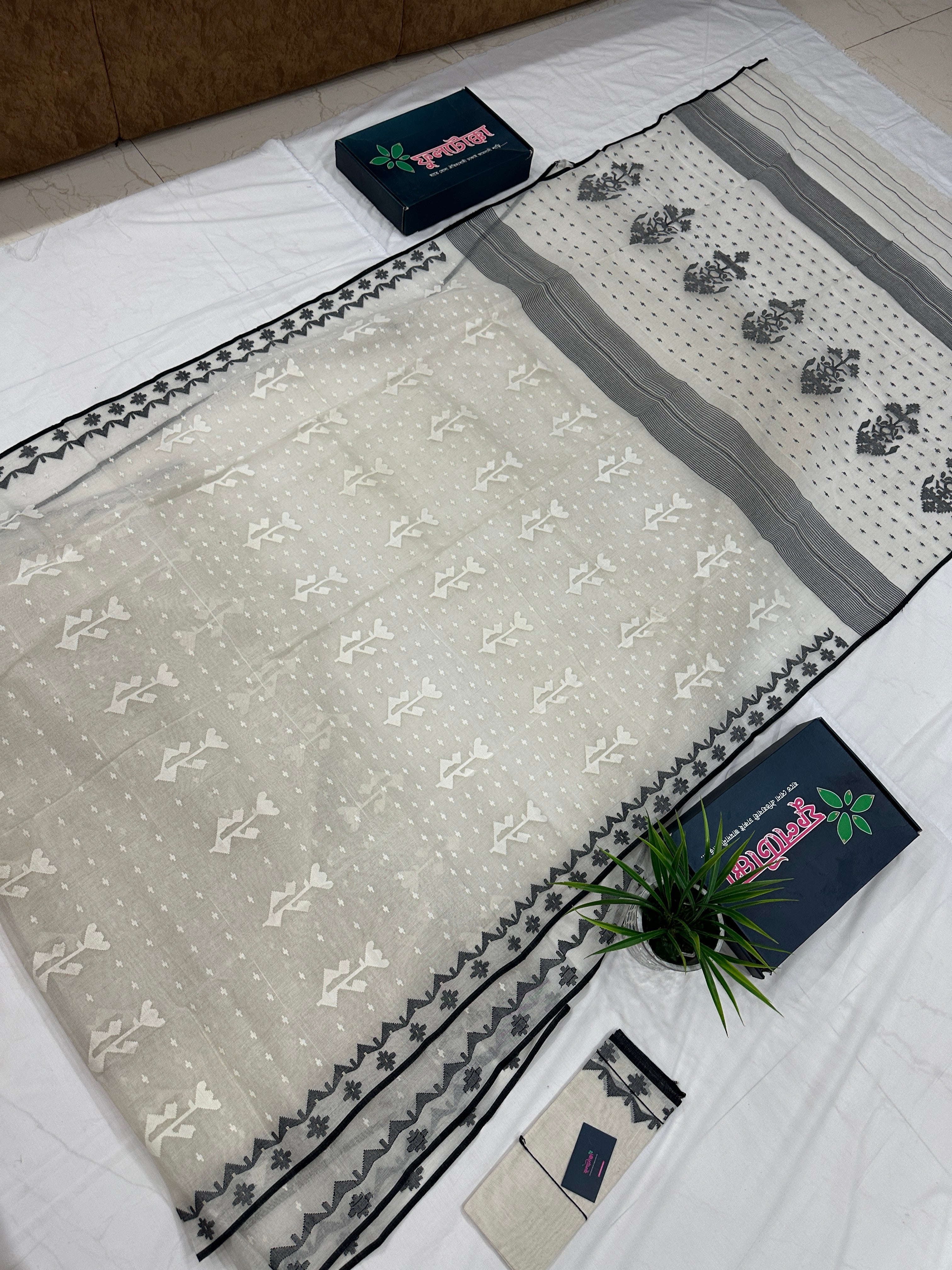 Black White Jamdani Saree With Black Threads & White Threads Work.
