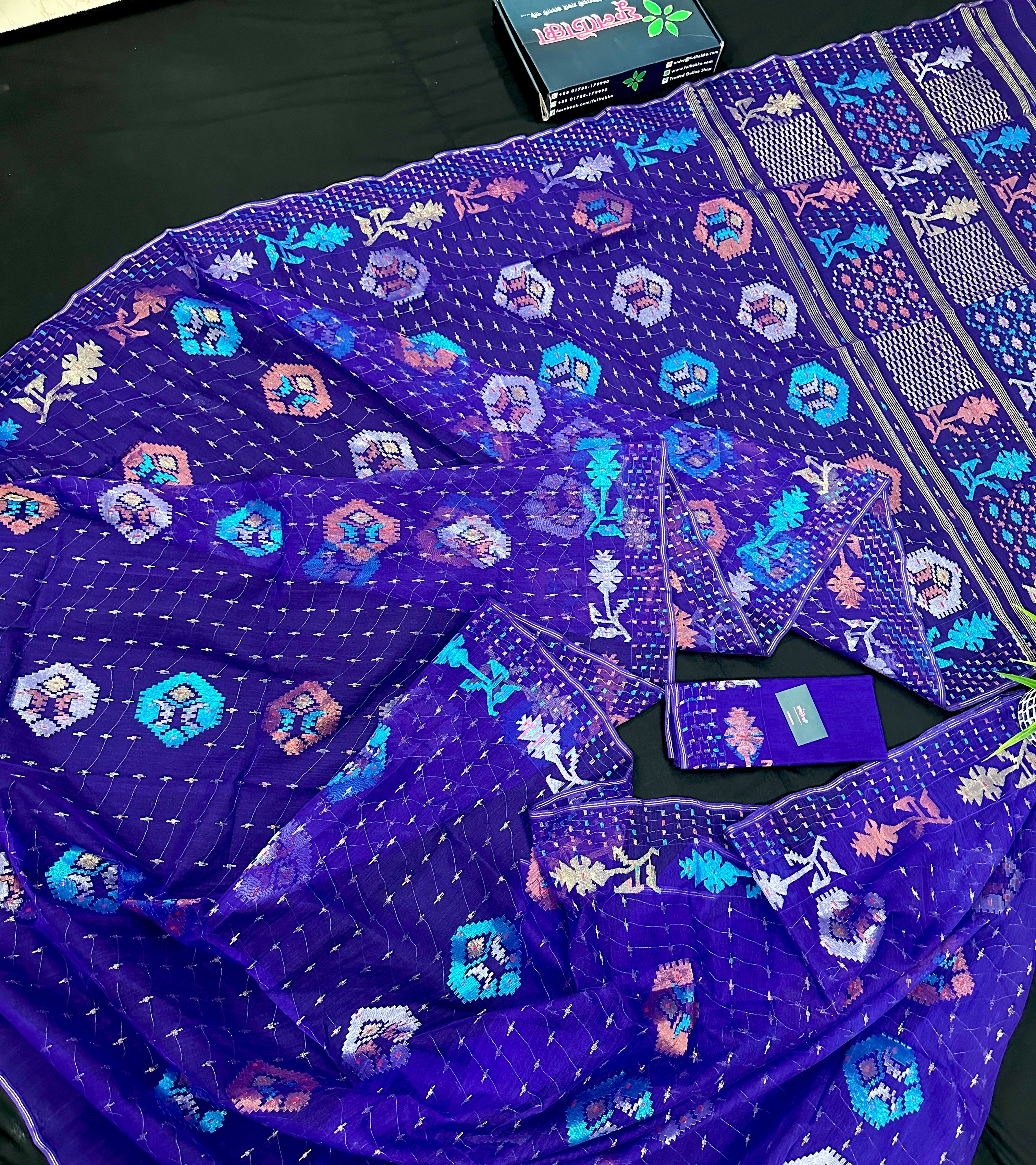Dual Toned Purple Jamdani Saree With Golden Silver & Copper Jori Work.