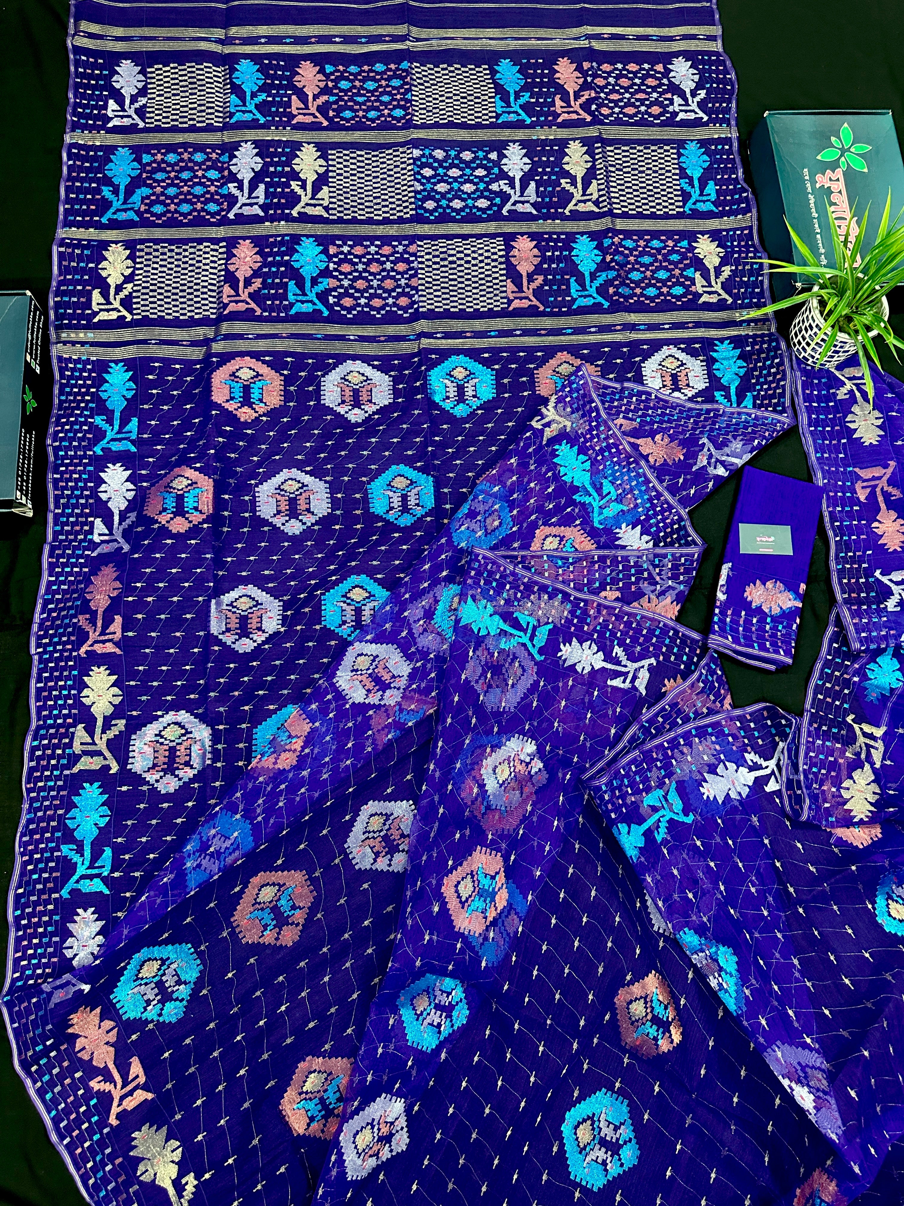 Dual Toned Purple Jamdani Saree With Golden Silver & Copper Jori Work.