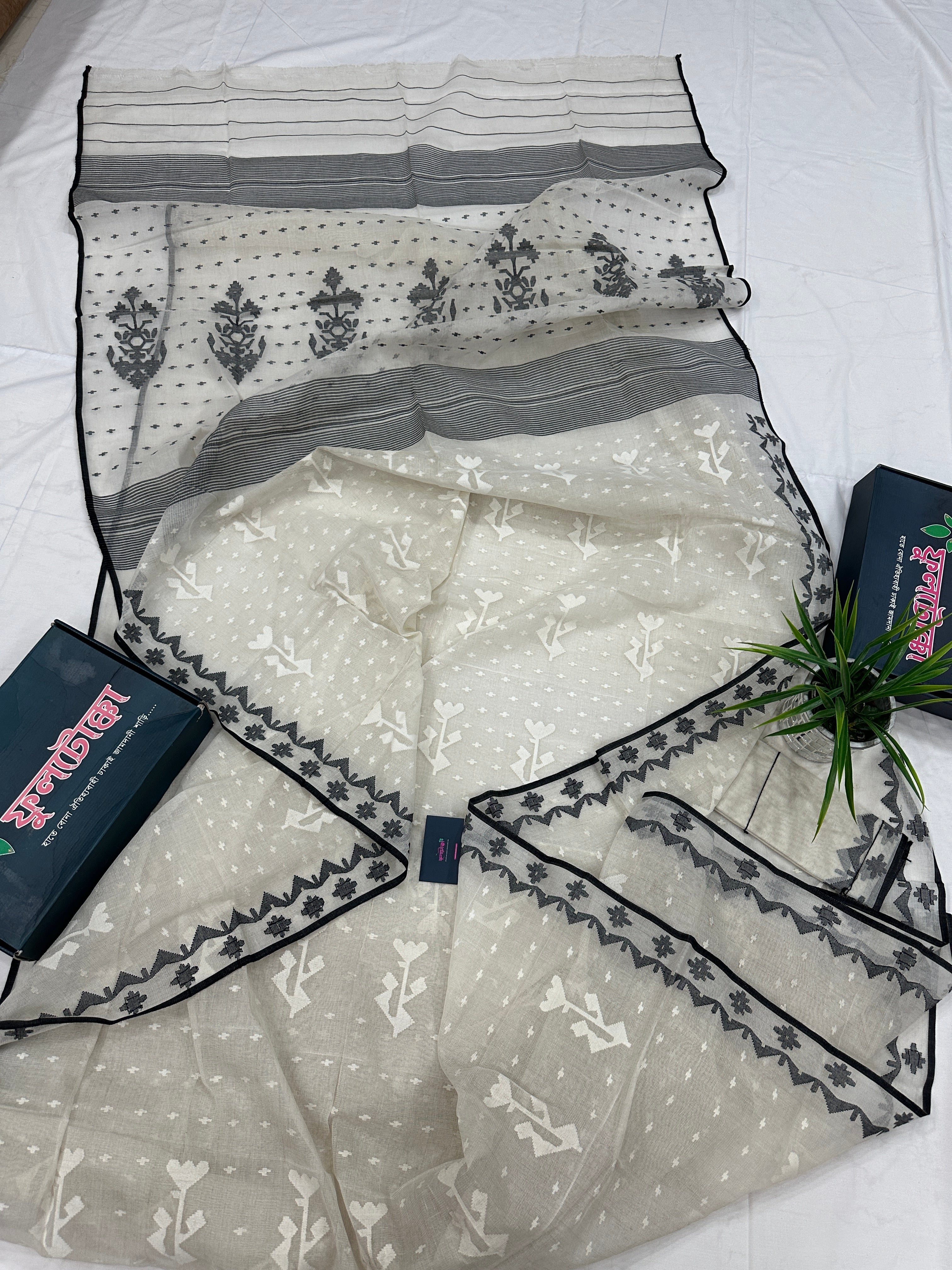 Black White Jamdani Saree With Black Threads & White Threads Work.