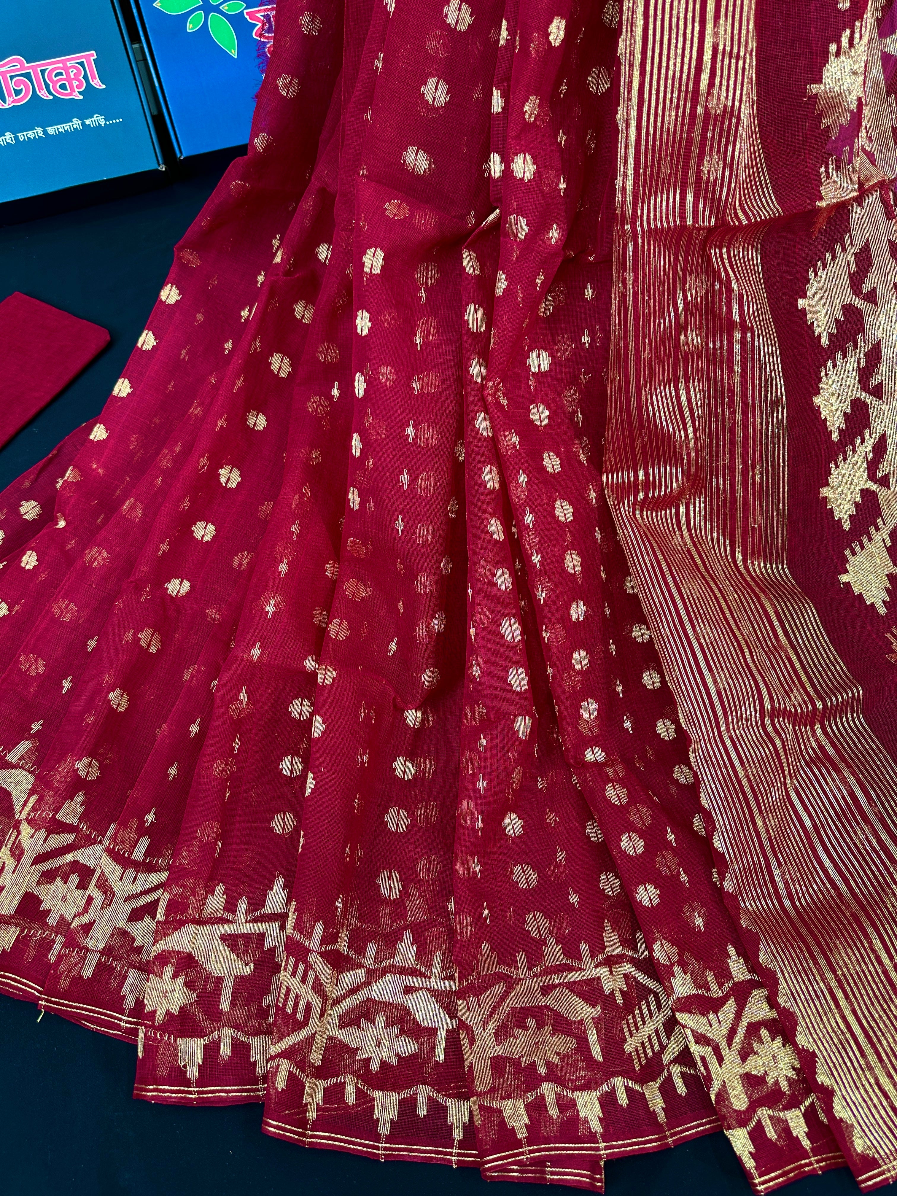 Maroon semi bridal cotton jamdani saree with golden jori work