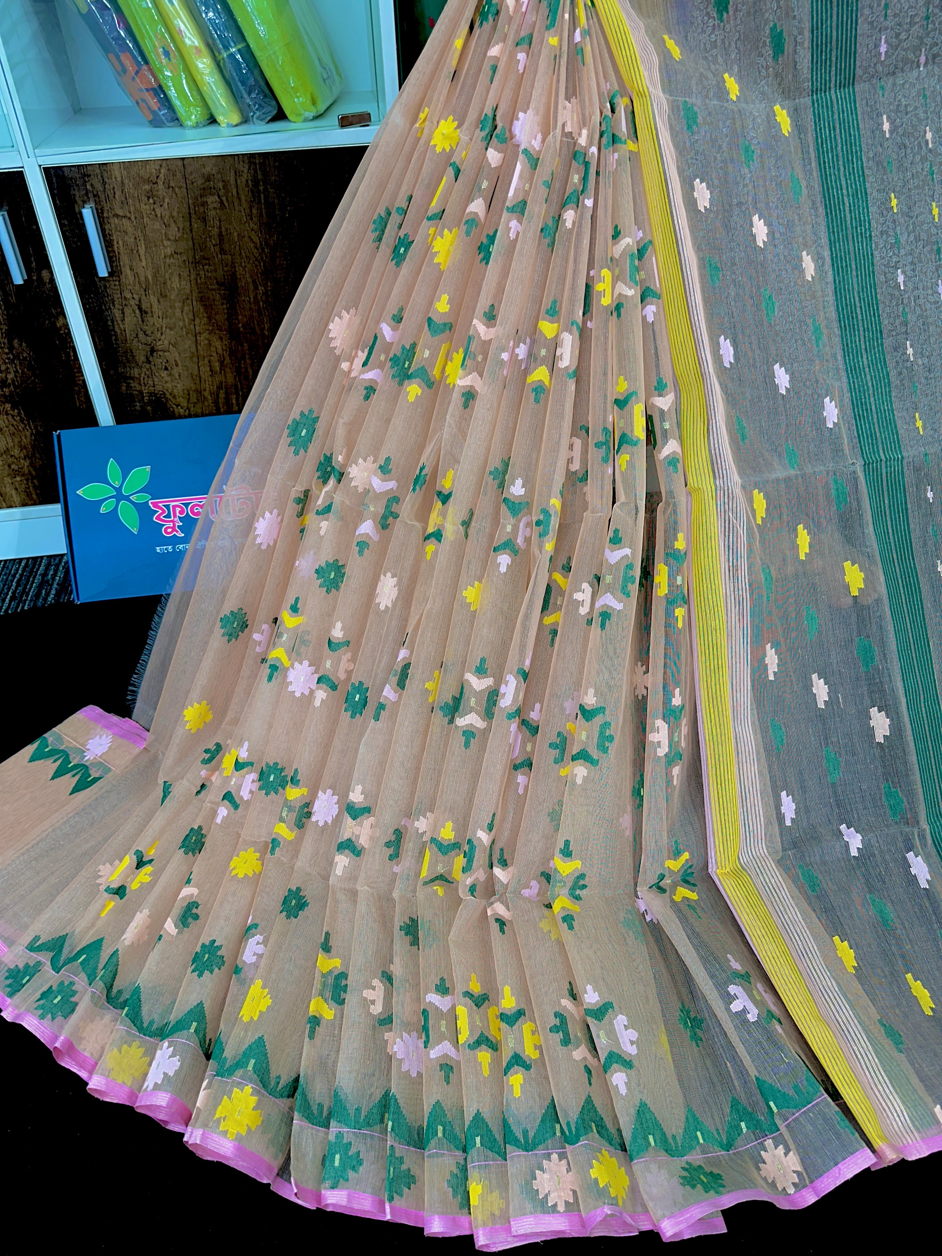 Banggi colour halfsilk jamdani saree with green yellow pink threads work
