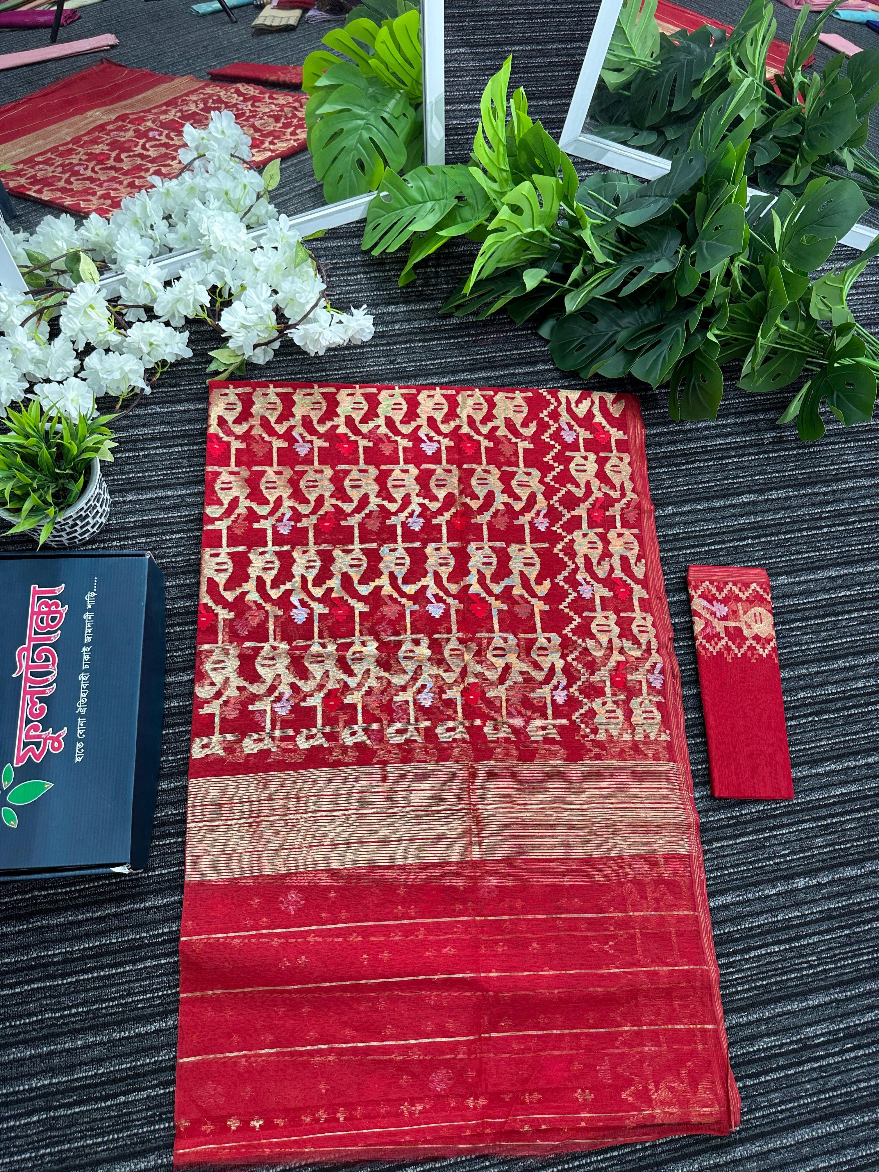 Red semi bridal halfsilk jamdani saree with all over golden jori work