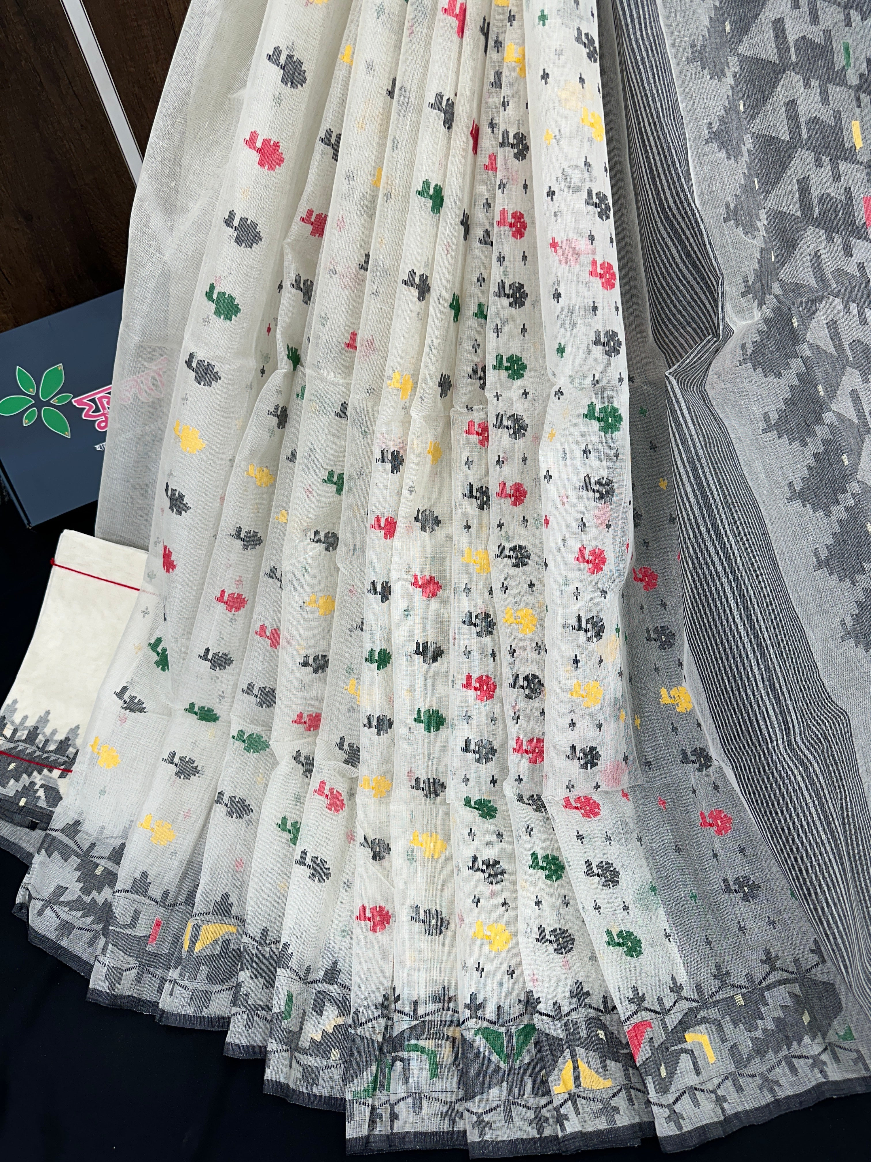 White cotton jamdani saree with multiple threads work