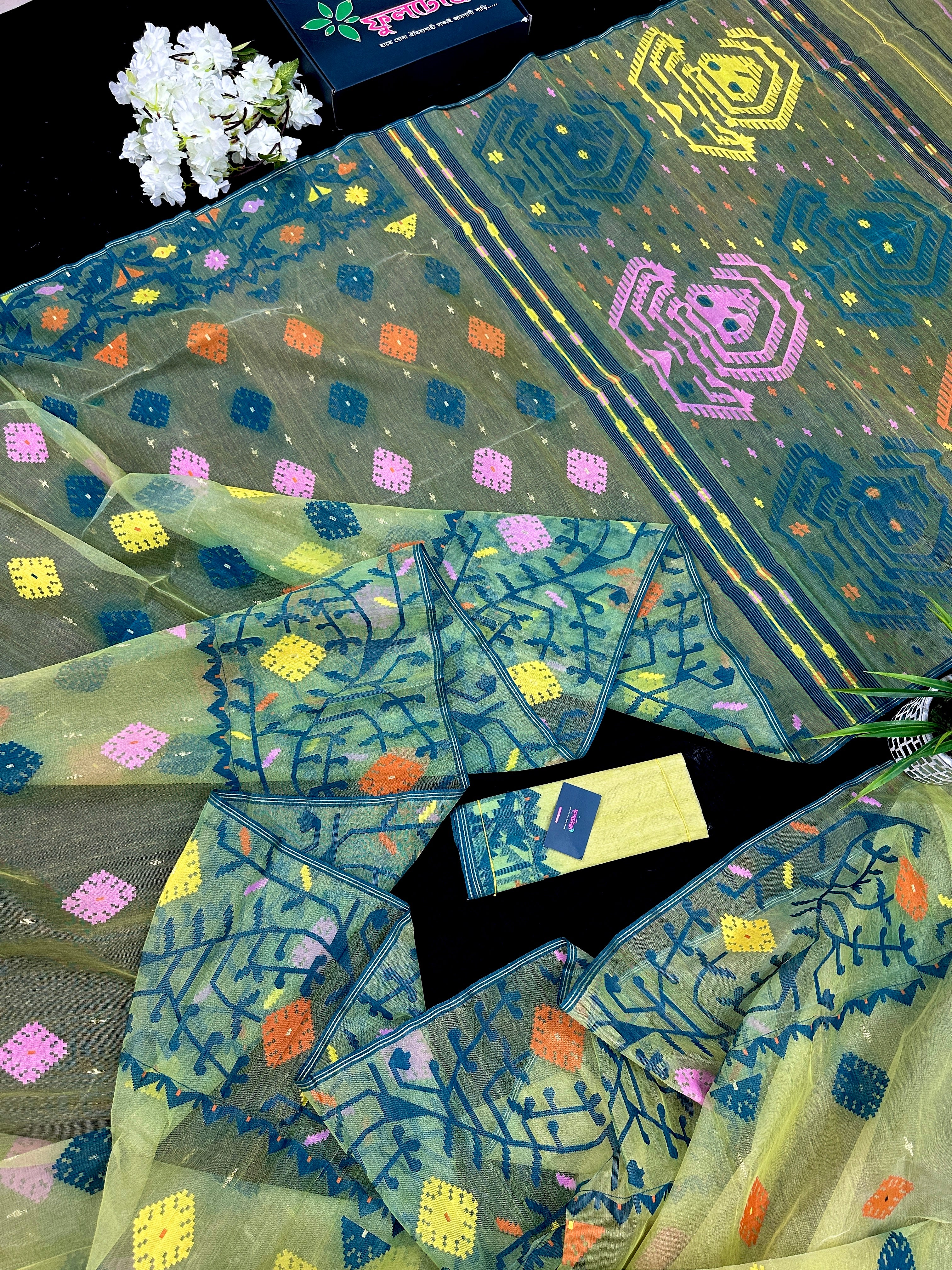 Yellow Exclusive dhakai jamdani saree with all over multi colour threads & flower work soft count.