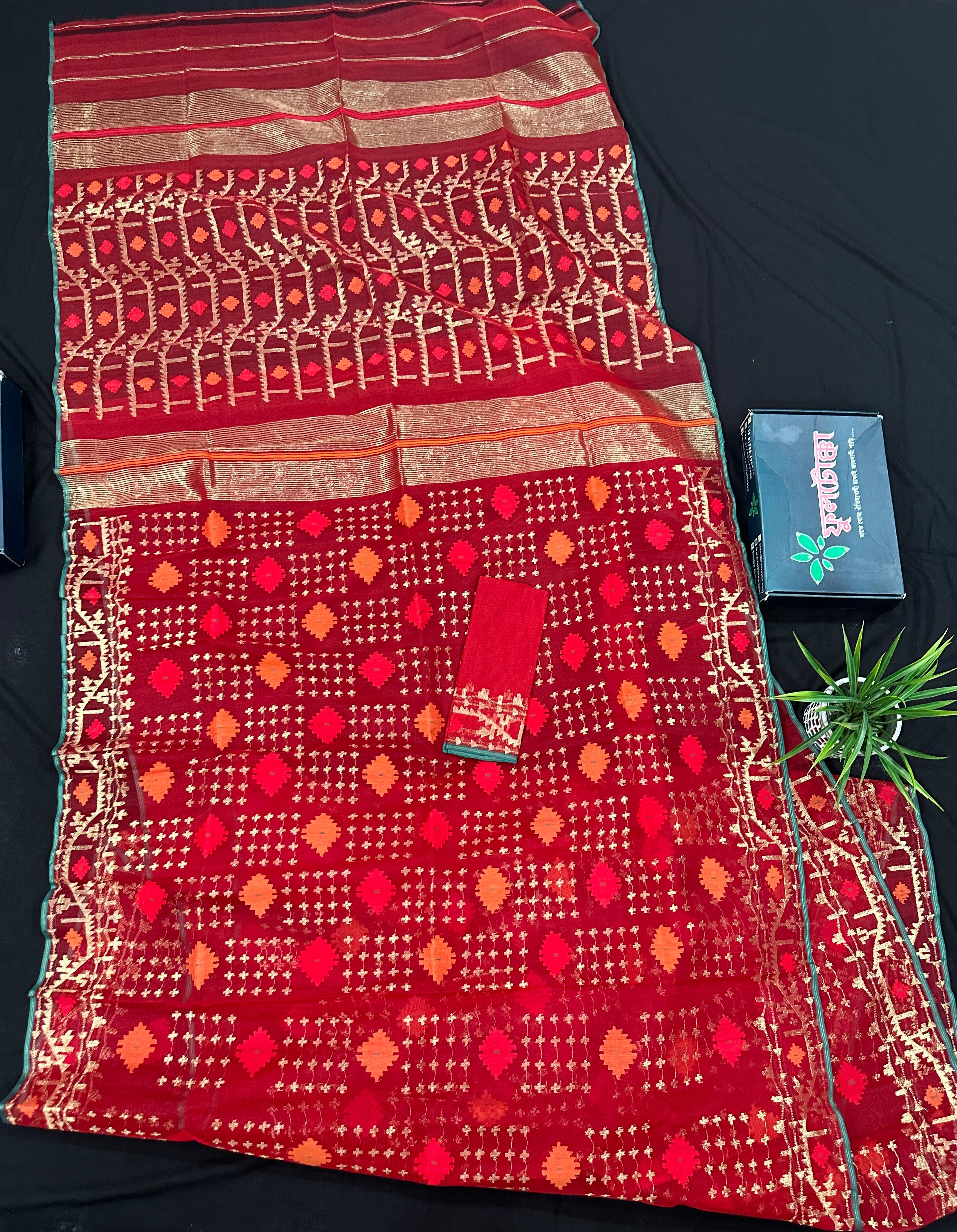 Bridal Red Halfsilk Jamdani Saree With Golden Jori Work & Red Threads work.