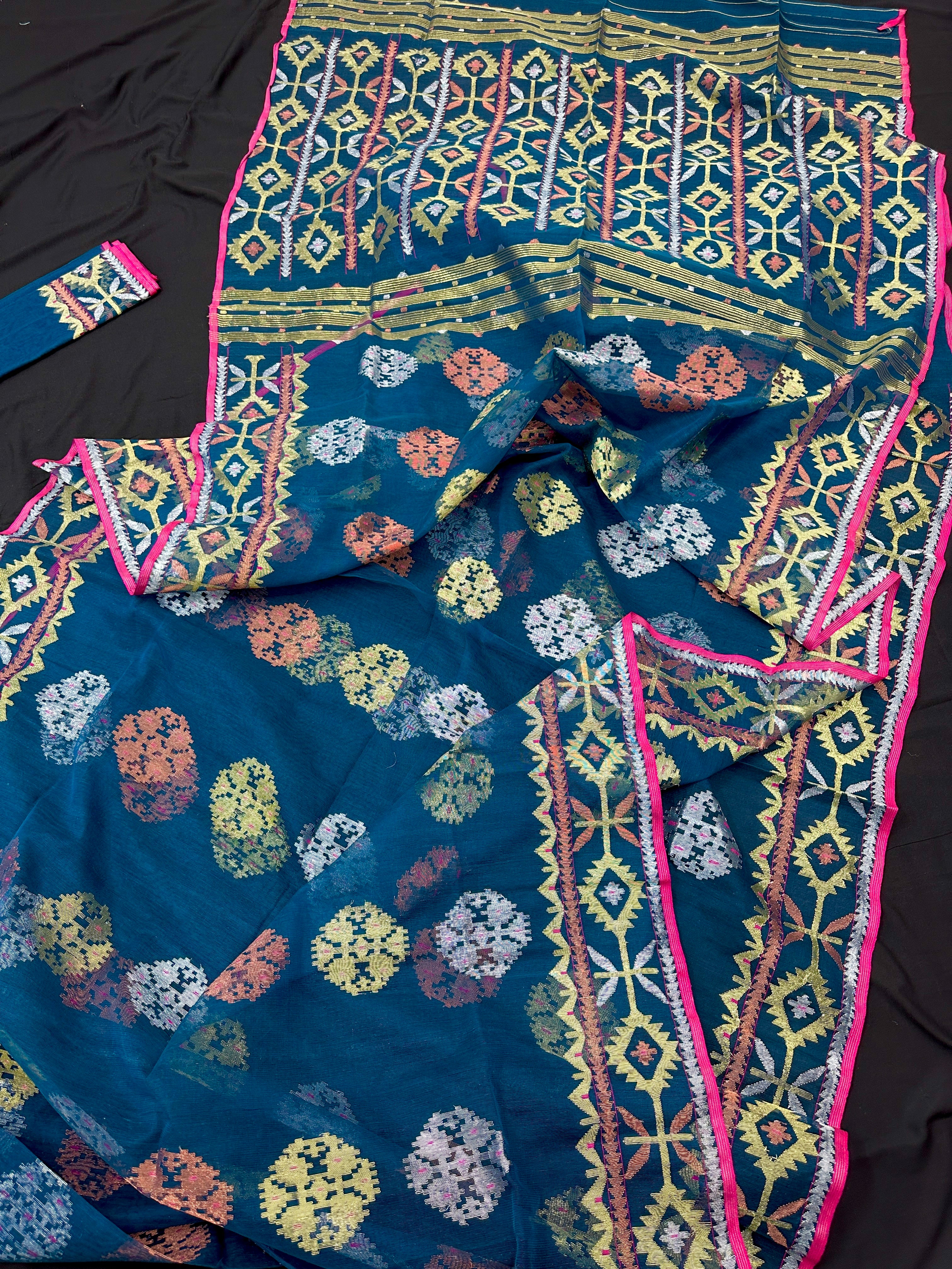Sea green with multi colour jari woHandloom dhakai jamdani saree.